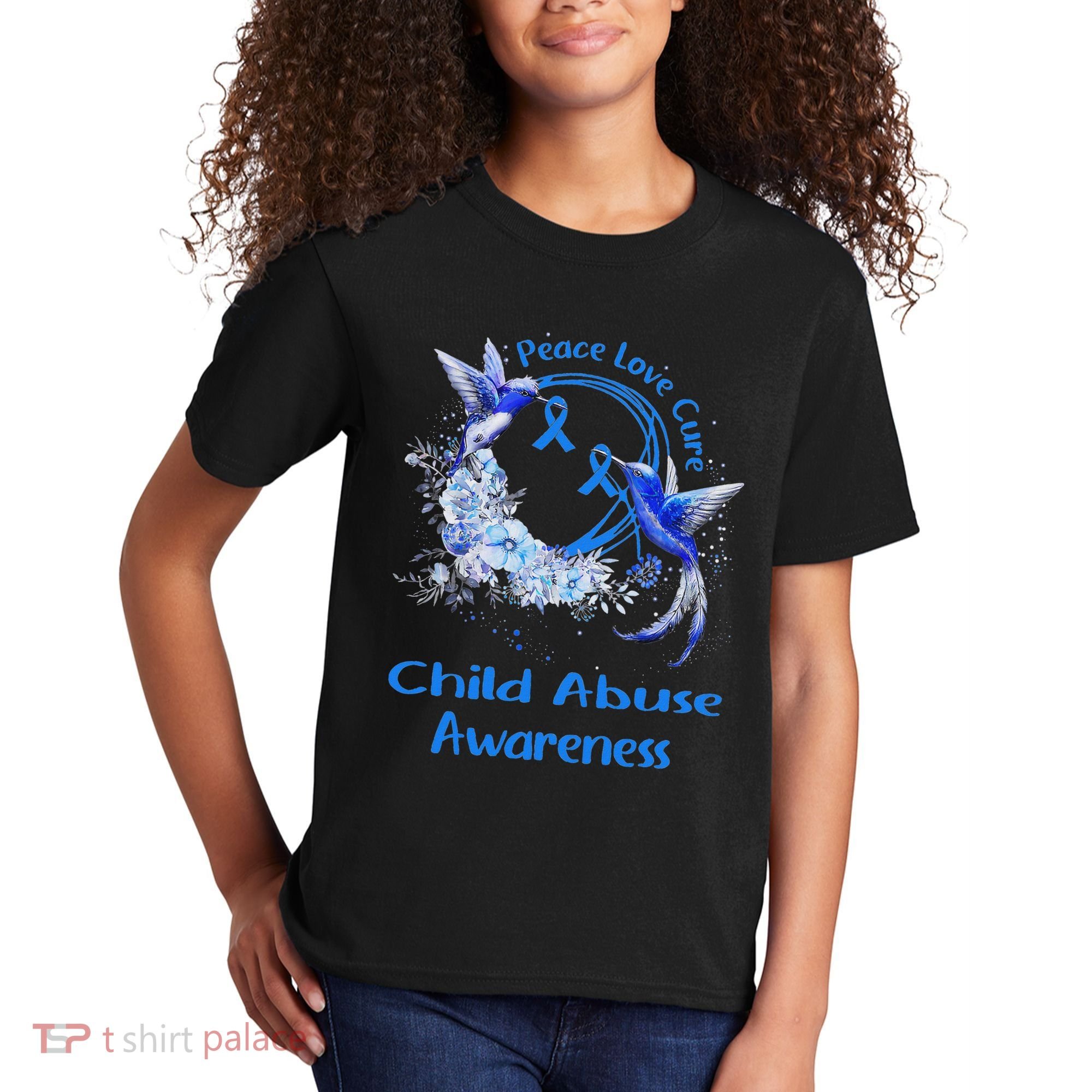 Hummingbird Peace Love Cure Child Abuse Awareness Kids T-Shirt