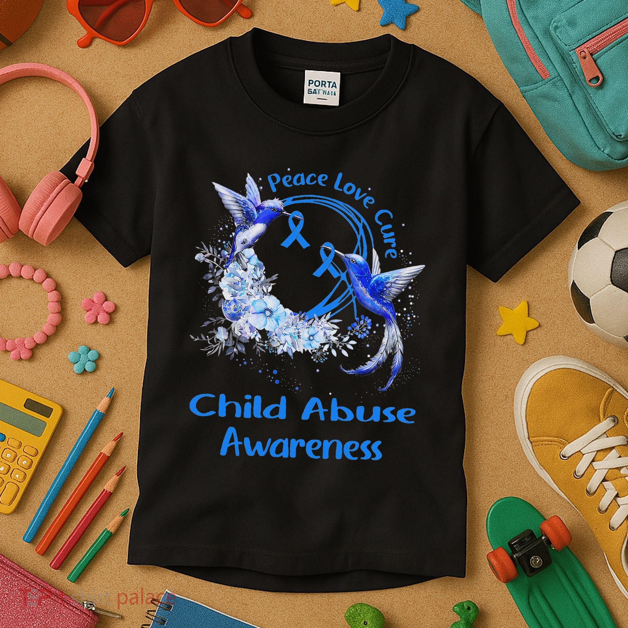 Hummingbird Peace Love Cure Child Abuse Awareness Kids T-Shirt