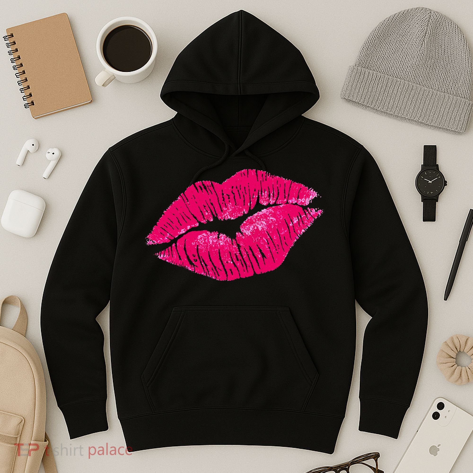 Hot Pink Lips Neon 80s Lipstick Party Hoodie