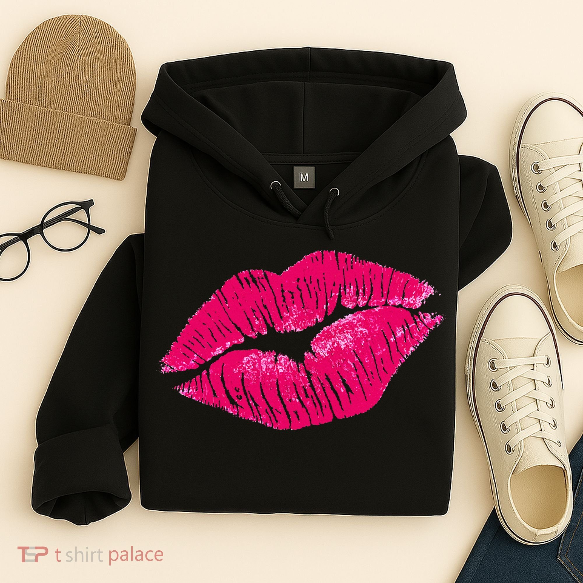 Hot Pink Lips Neon 80s Lipstick Party Hoodie