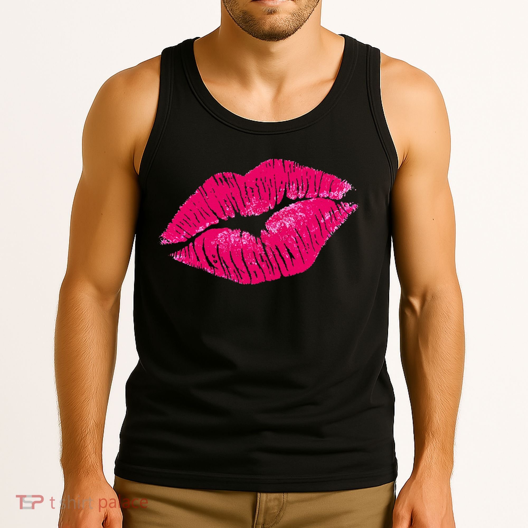 Hot Pink Lips Neon 80s Lipstick Party Tank Top