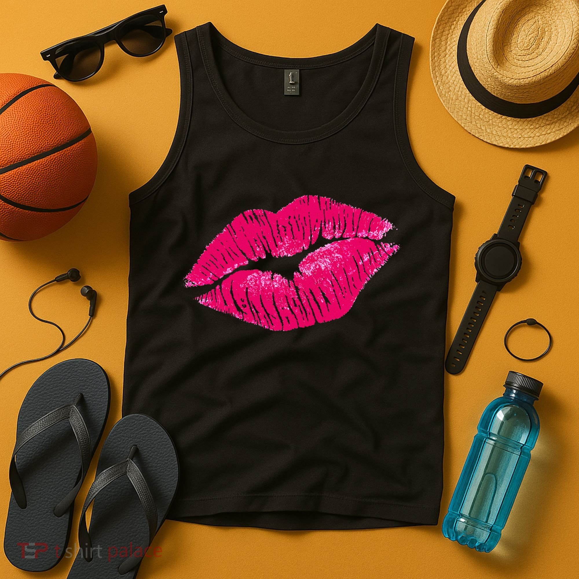 Hot Pink Lips Neon 80s Lipstick Party Tank Top