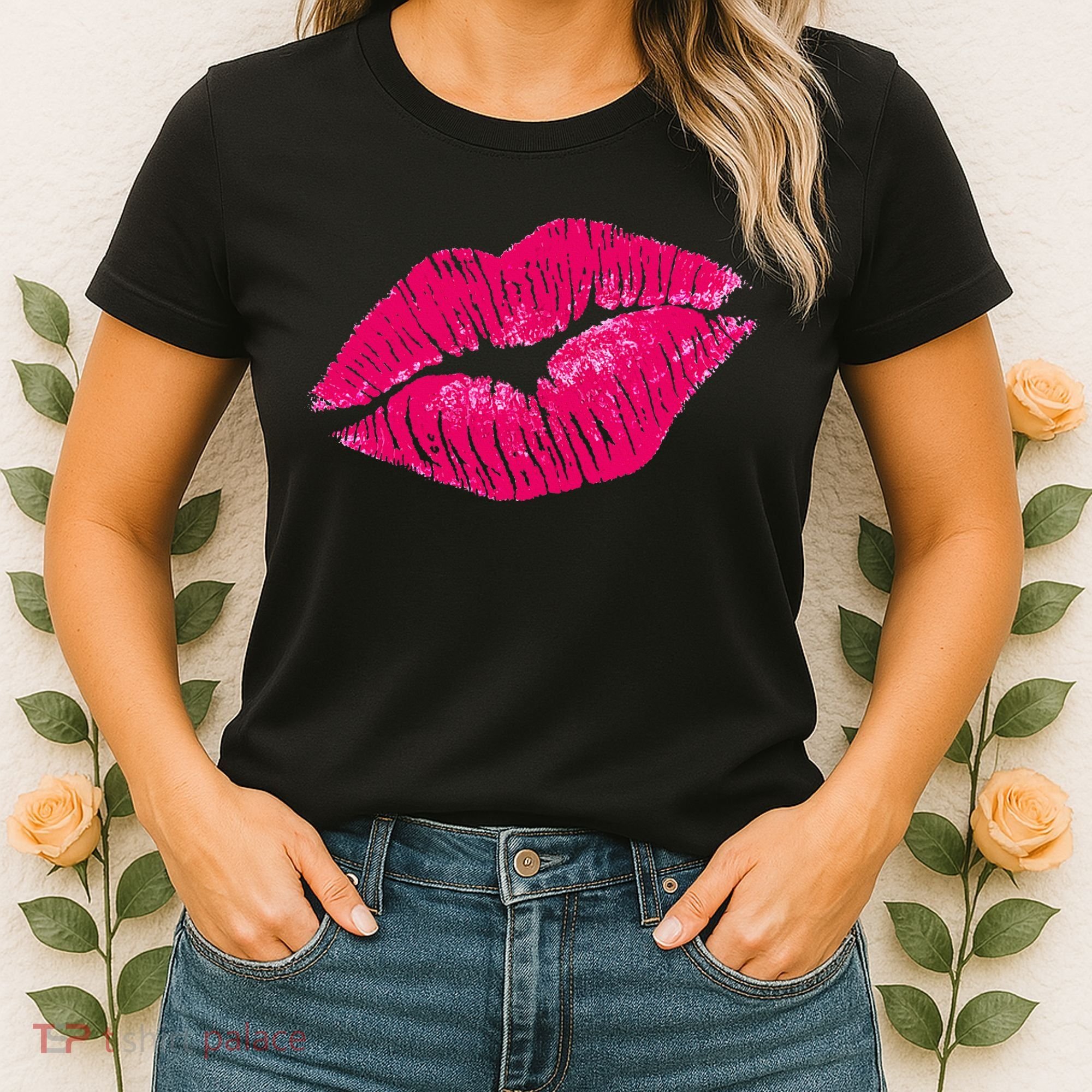 Hot Pink Lips Neon 80s Lipstick Party Women's T-Shirt