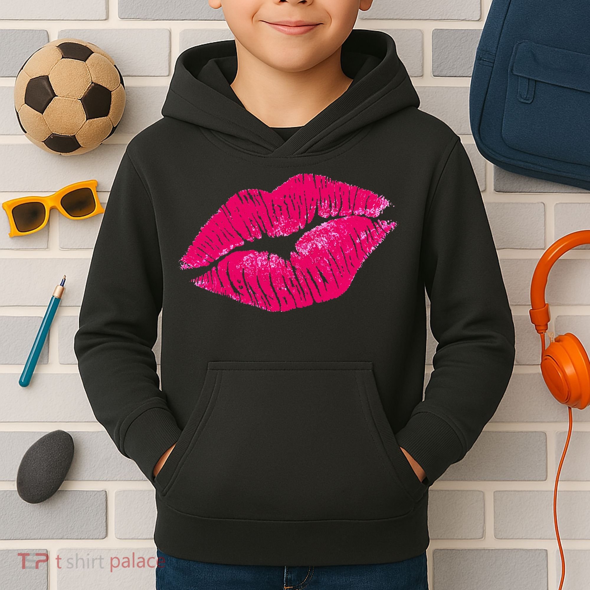 Hot Pink Lips Neon 80s Lipstick Party Kids Hoodie