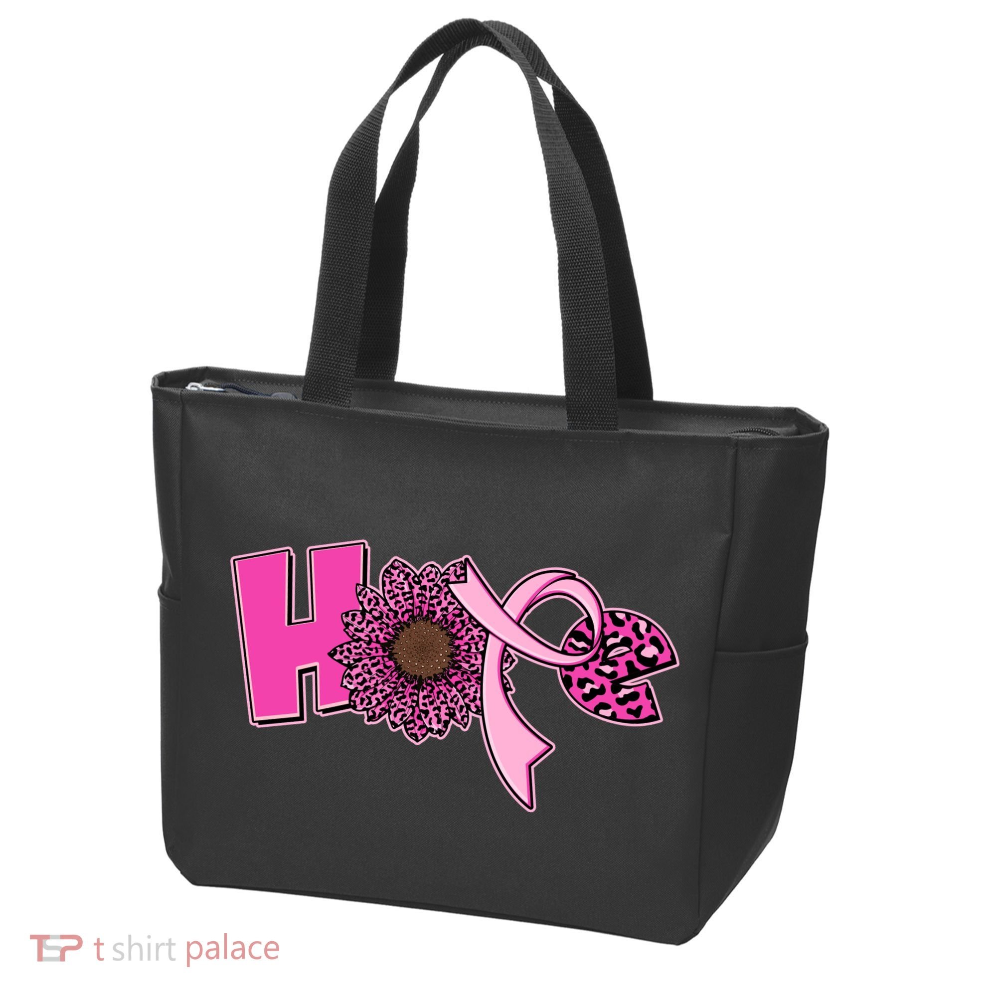 Hope Pink Leopard Print Sunflower Breast Cancer Awareness Tote Bag