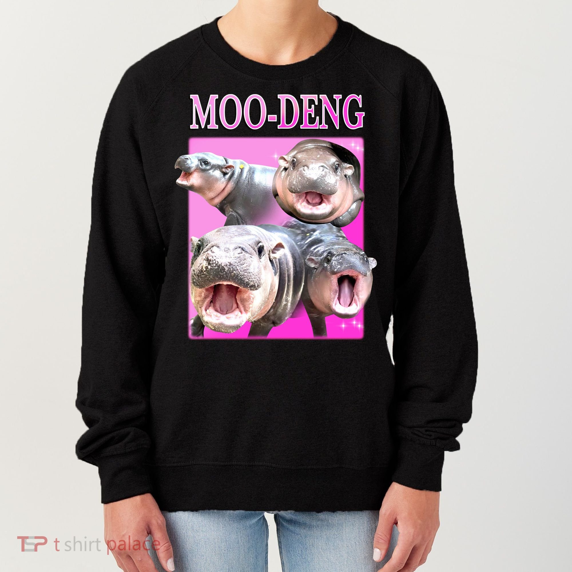 Hot Pink Moo Deng Hippo Meme Funny Women's Sweatshirt