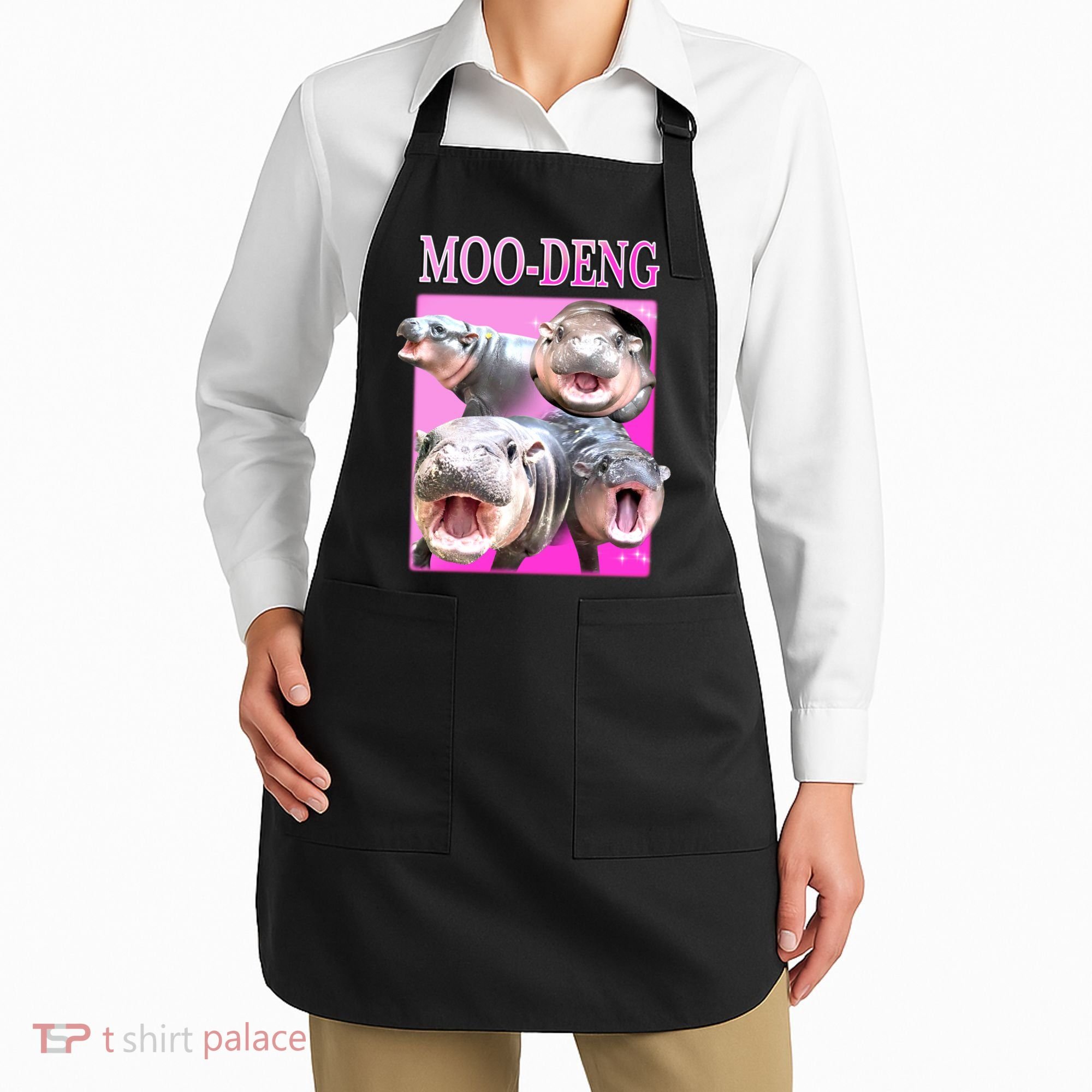 Hot Pink Moo Deng Hippo Meme Funny Apron