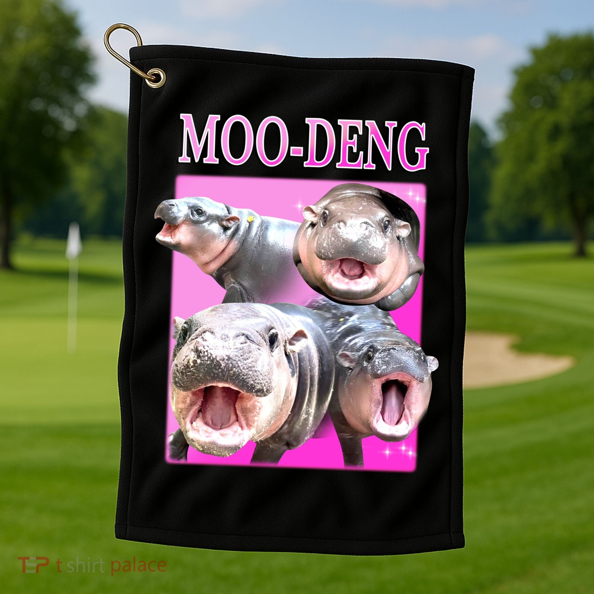 Hot Pink Moo Deng Hippo Meme Funny Golf Towel