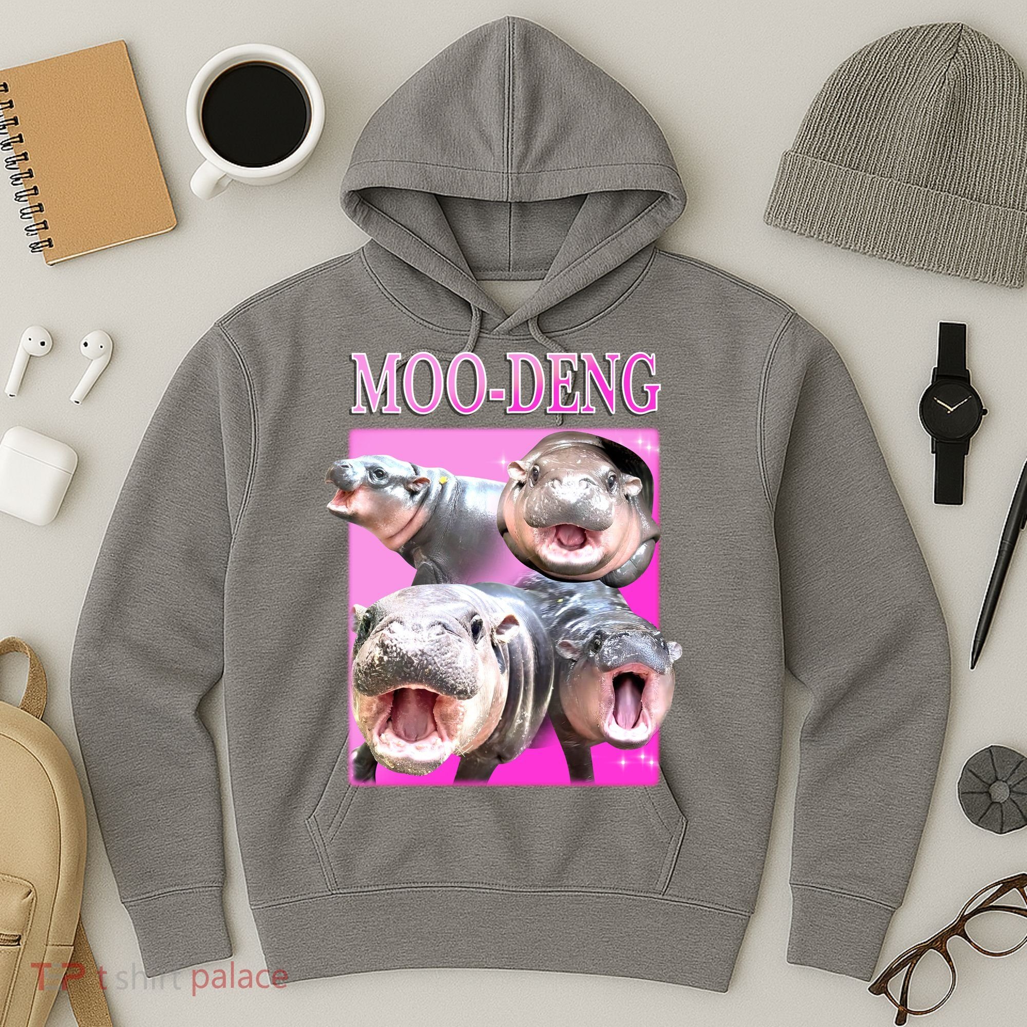 Hot Pink Moo Deng Hippo Meme Funny Hoodie