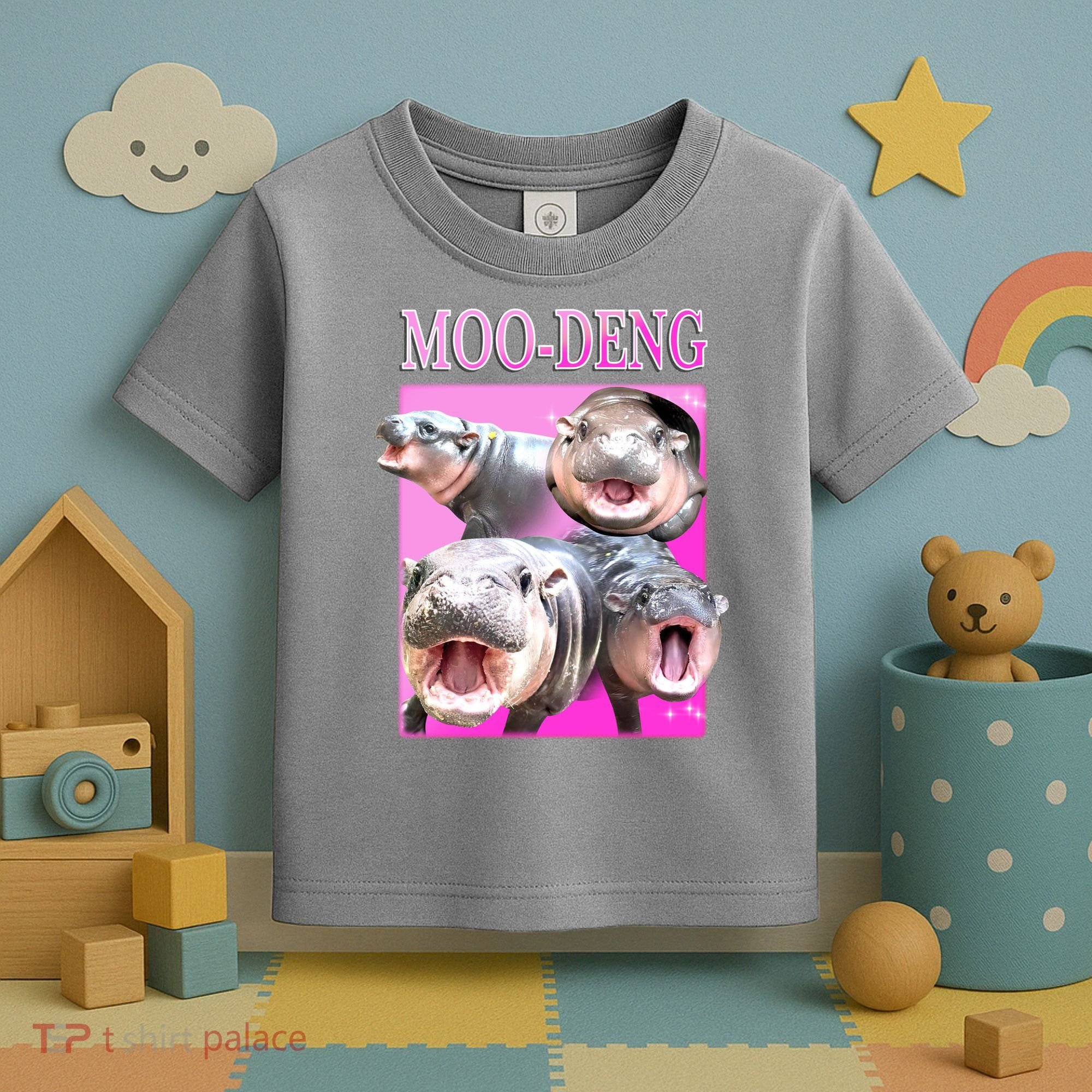 Hot Pink Moo Deng Hippo Meme Funny Toddler T-Shirt