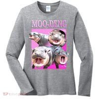 Hot Pink Moo Deng Hippo Meme Funny Women's Long Sleeve Shirt thumb 0