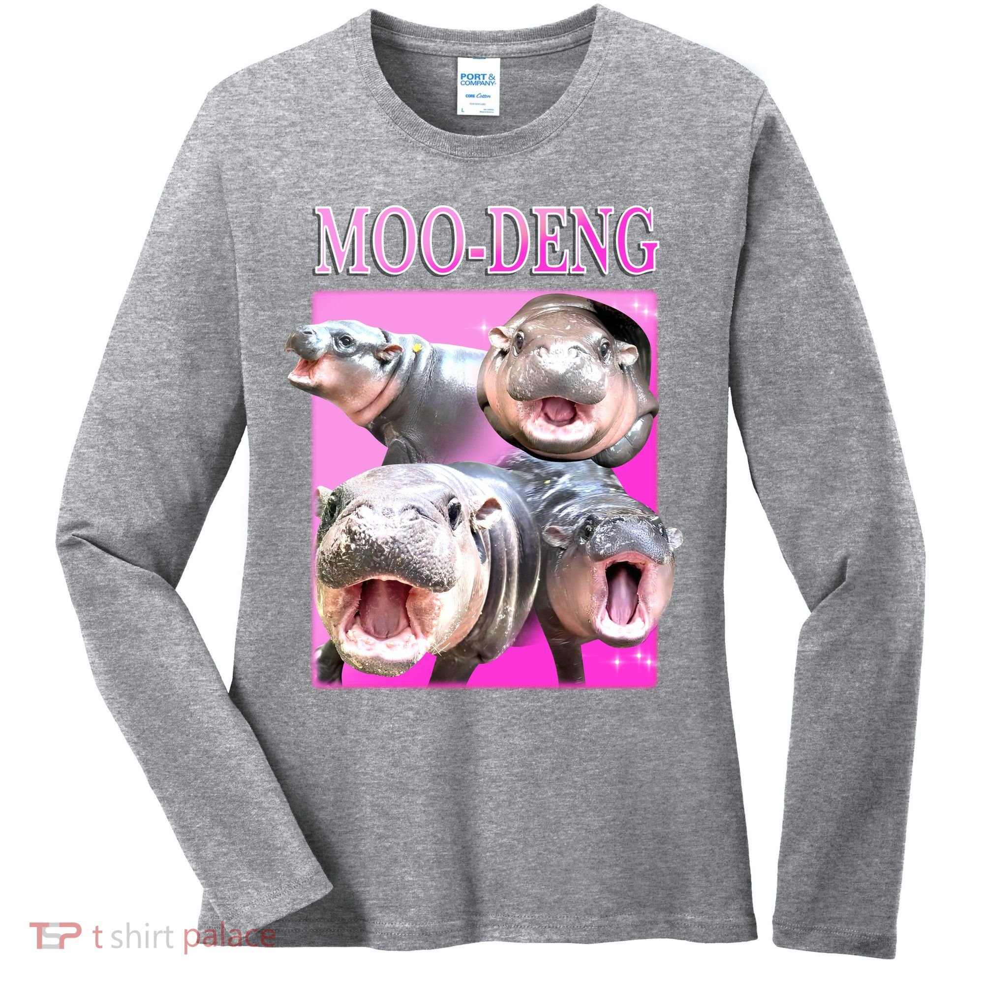 Hot Pink Moo Deng Hippo Meme Funny Women's Long Sleeve Shirt
