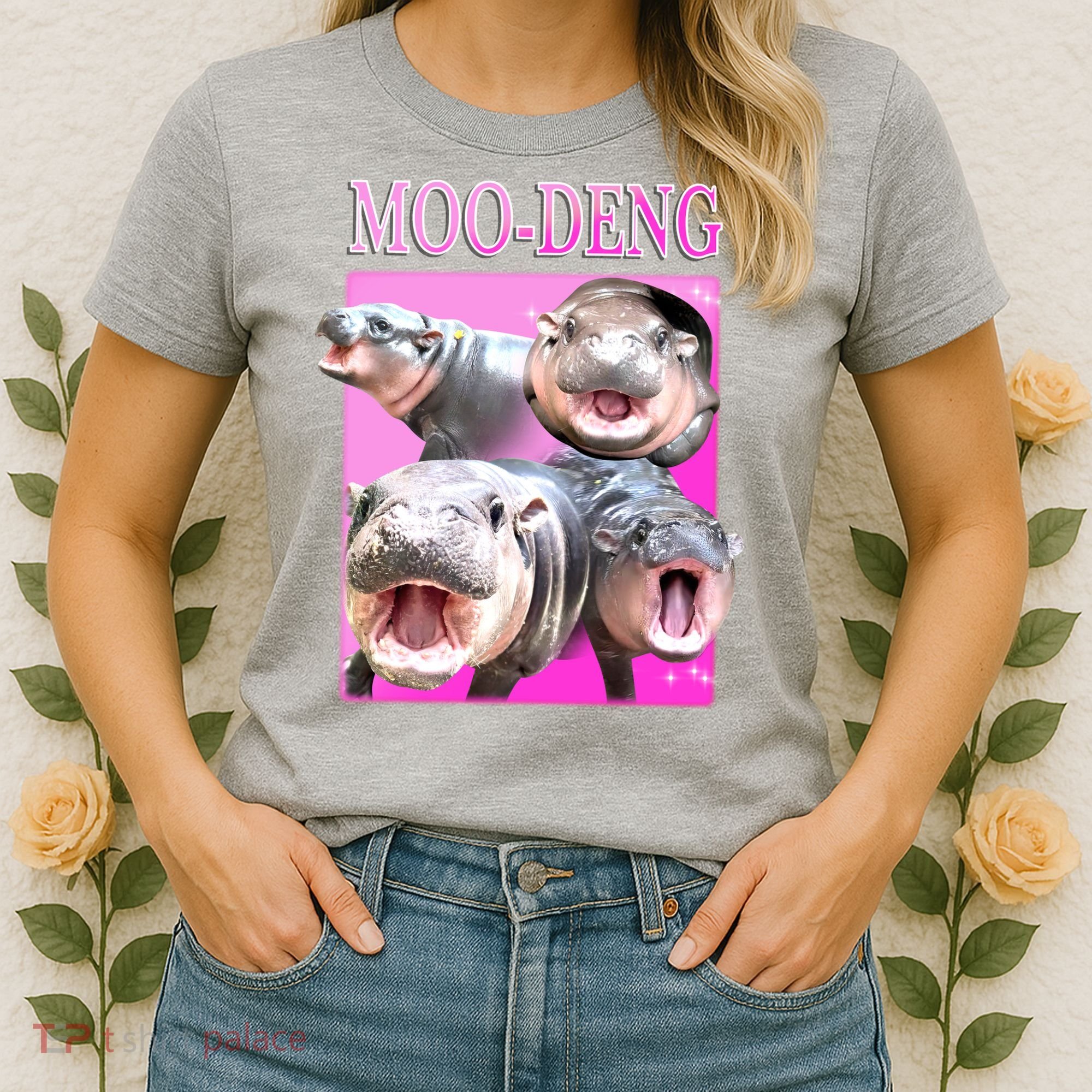 Hot Pink Moo Deng Hippo Meme Funny Women's T-Shirt