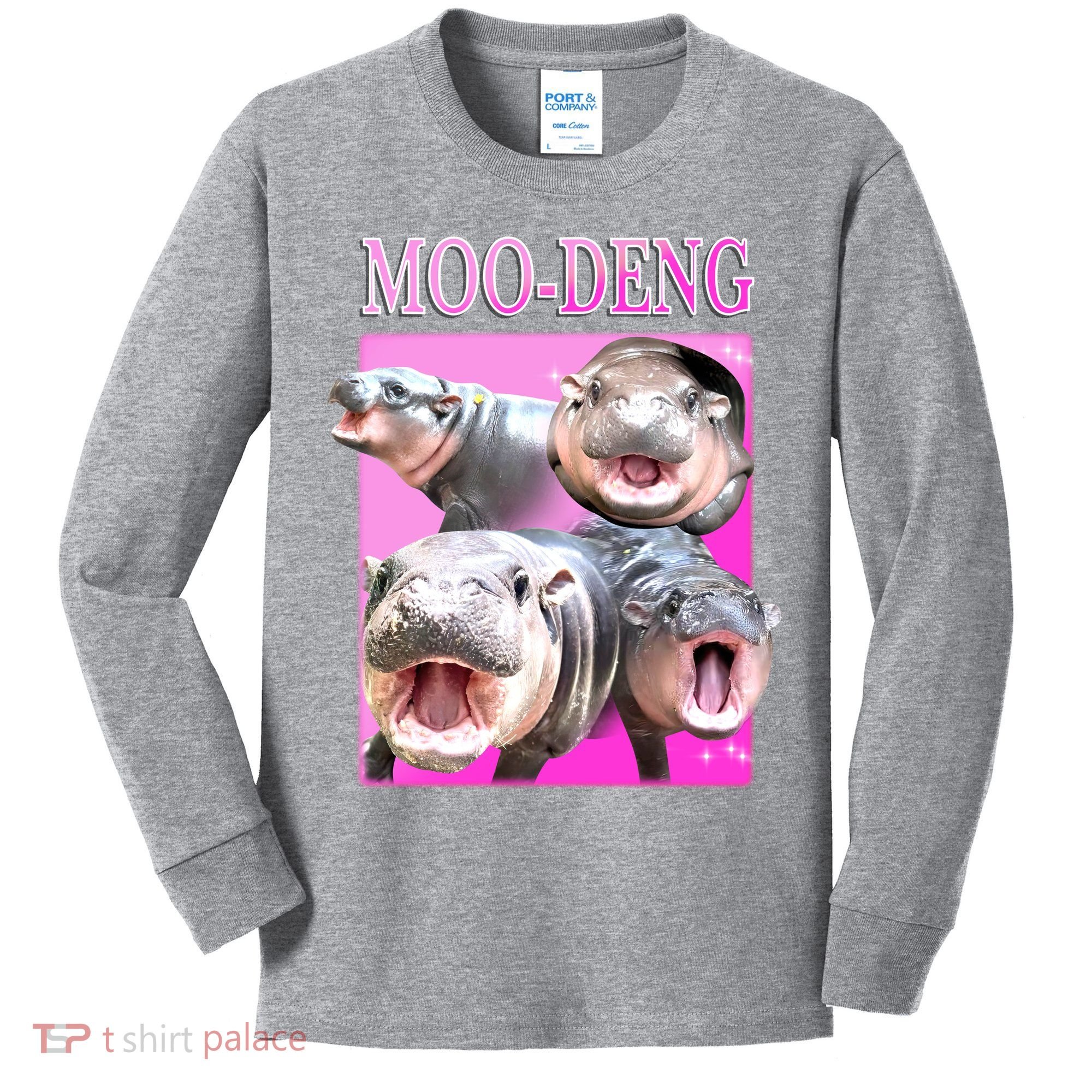 Hot Pink Moo Deng Hippo Meme Funny Kids Long Sleeve Shirt