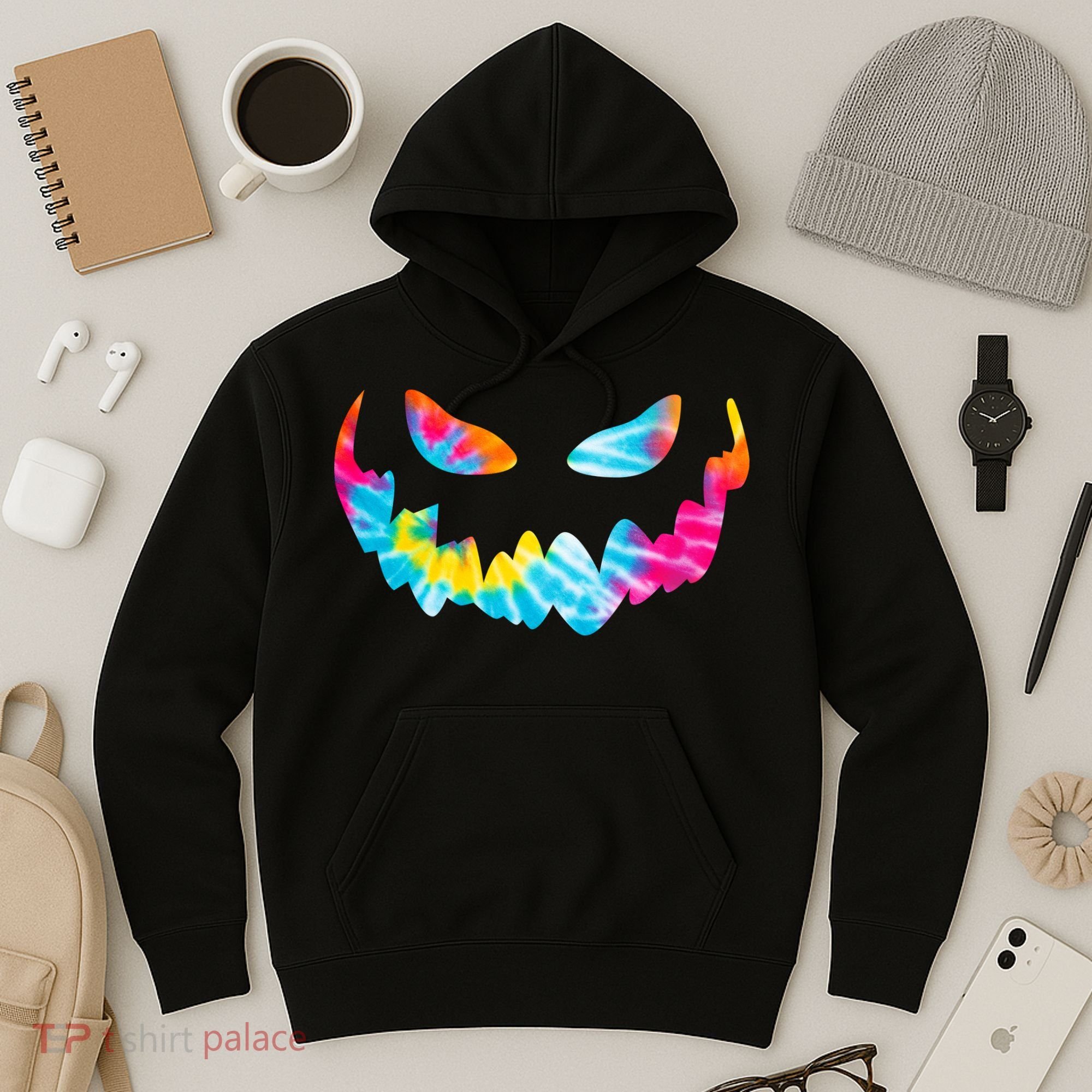 Halloween Pumpkin Pink Yellow Blue Tie Dye Face Hoodie