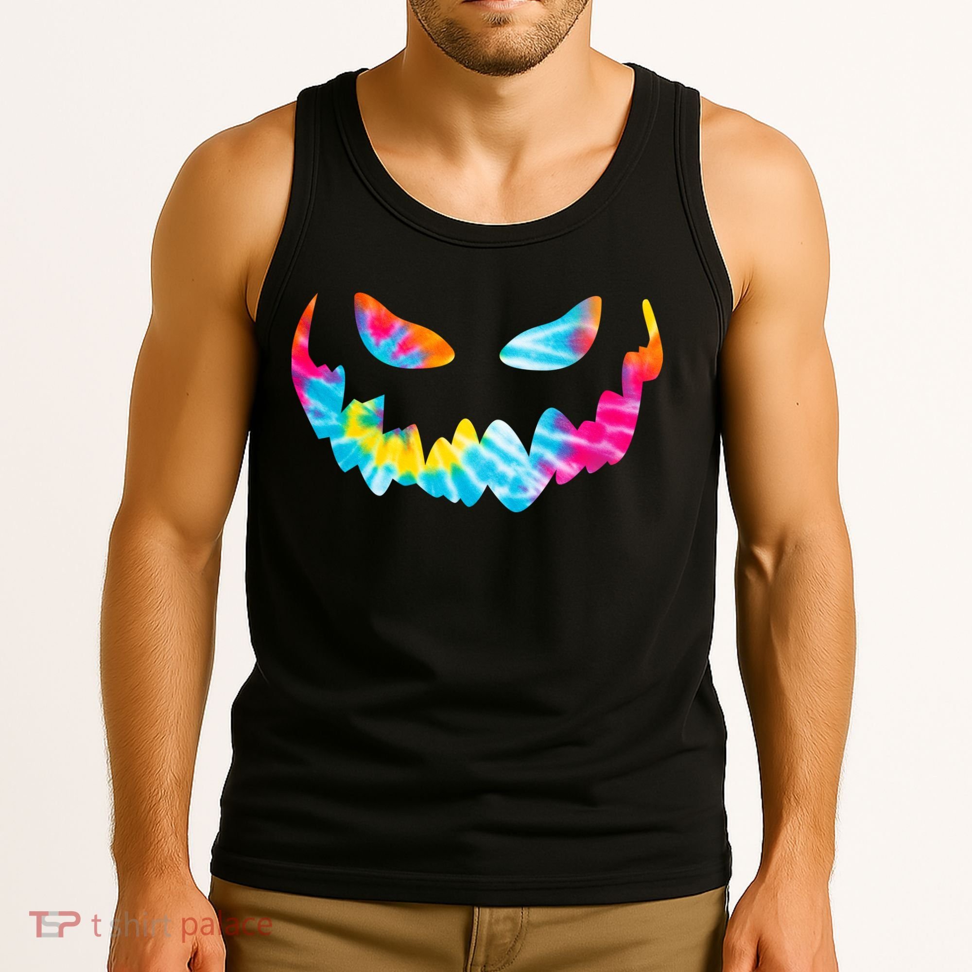 Halloween Pumpkin Pink Yellow Blue Tie Dye Face Tank Top