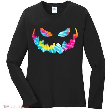 Halloween Pumpkin Pink Yellow Blue Tie Dye Face Women's Long Sleeve Shirt