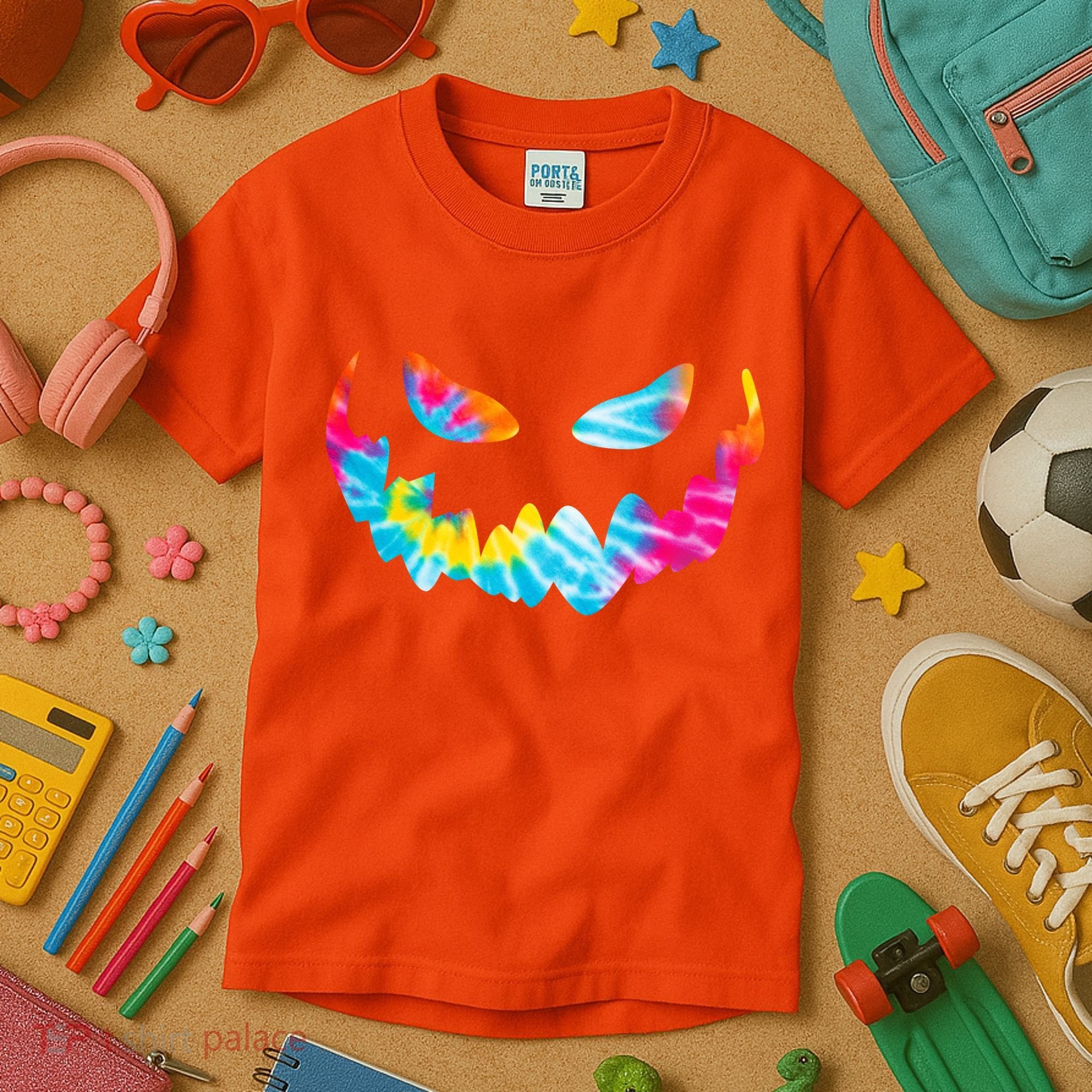 Halloween Pumpkin Pink Yellow Blue Tie Dye Face Kids T-Shirt