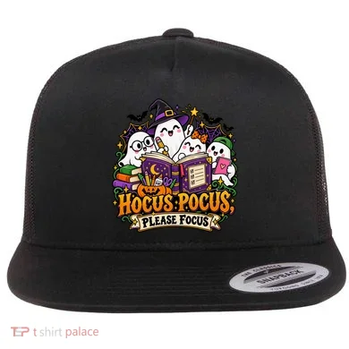 Hocus Pocus Please Focus Ghost Study Group Flat Bill Trucker Hat