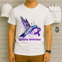 Hummingbird Purple Ribbon Epilepsy Awareness Month Warrior T-Shirt thumb 6