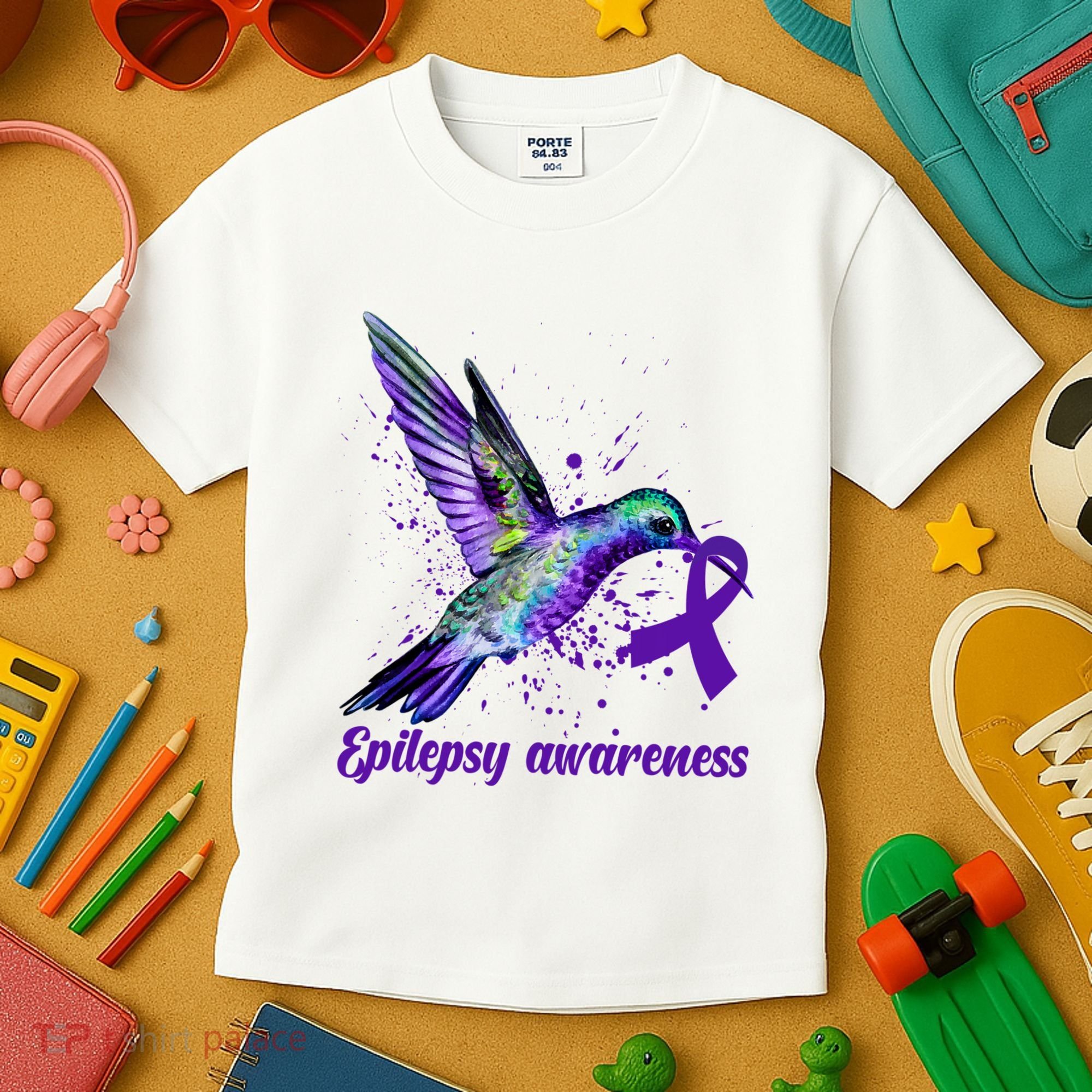 Hummingbird Purple Ribbon Epilepsy Awareness Month Warrior Kids T-Shirt