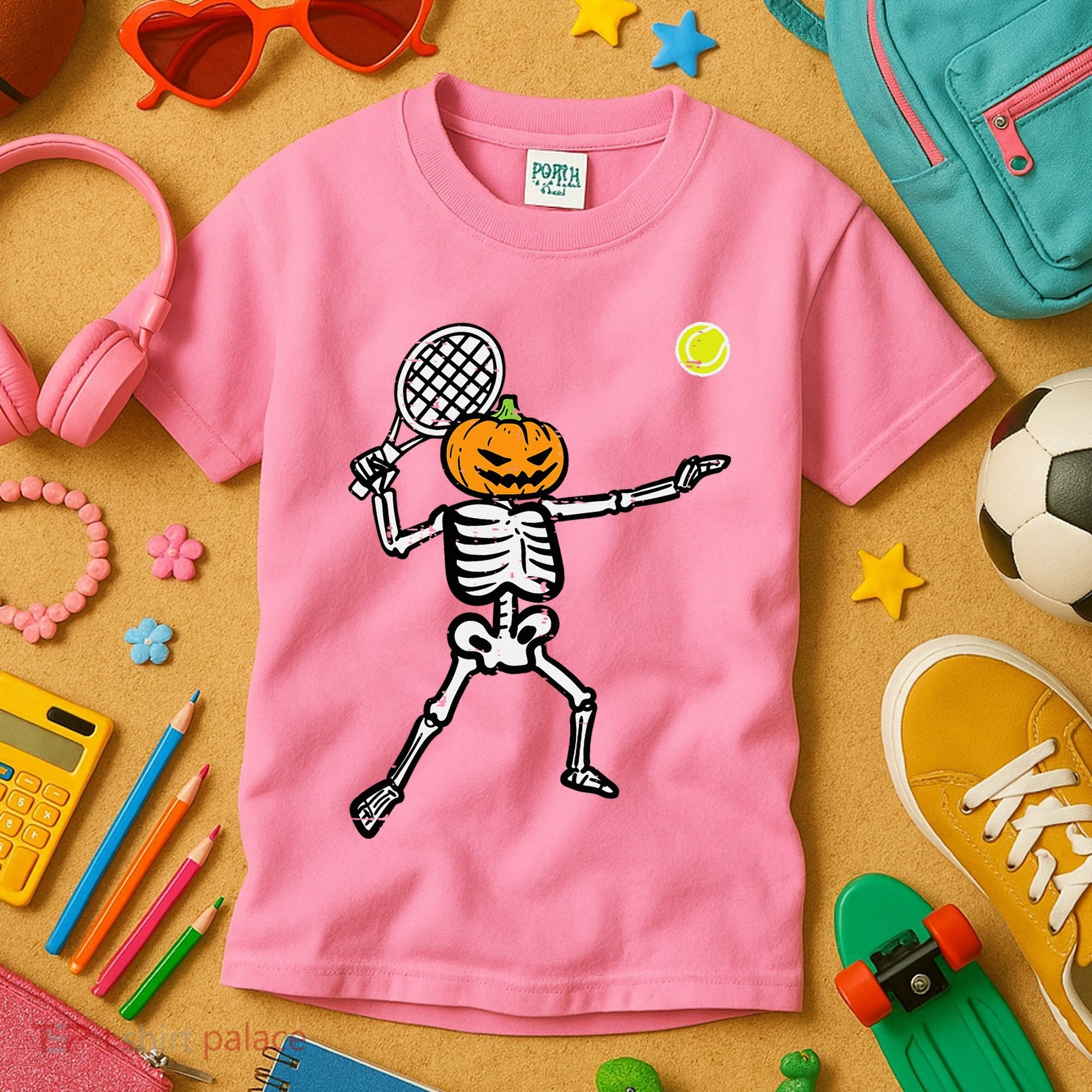 Halloween Pumpkin Skeleton Tennis Costume Kids T-Shirt