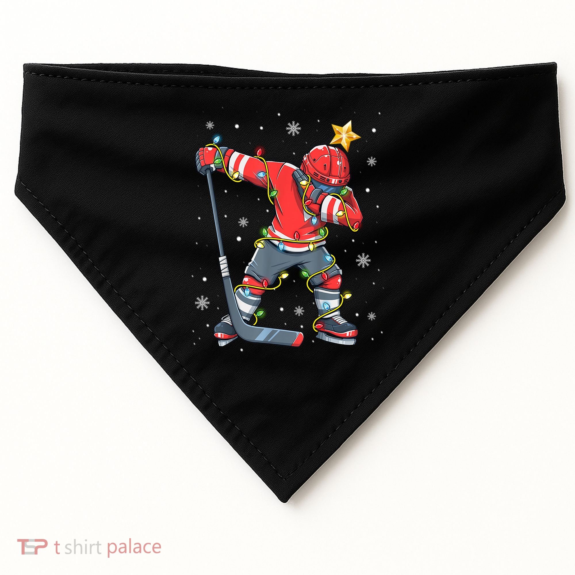 Hockey Player Santa Hat Christmas Lights Funny Xmas Cute Gift USA-Made Doggie Bandana