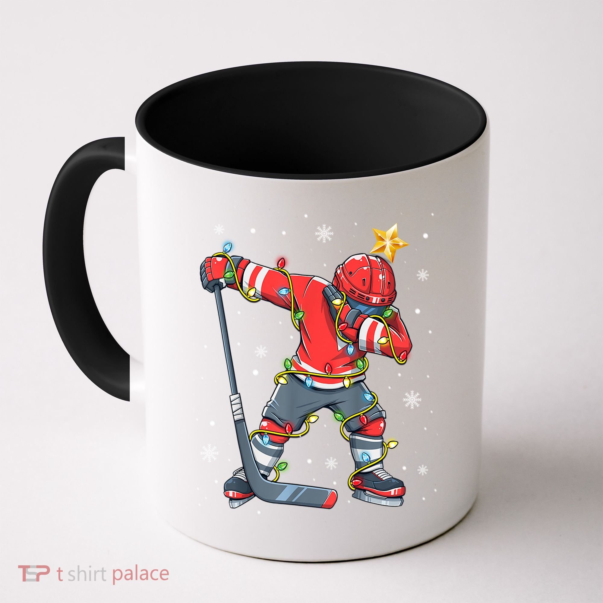 Hockey Player Santa Hat Christmas Lights Funny Xmas Cute Gift Coffee Mug