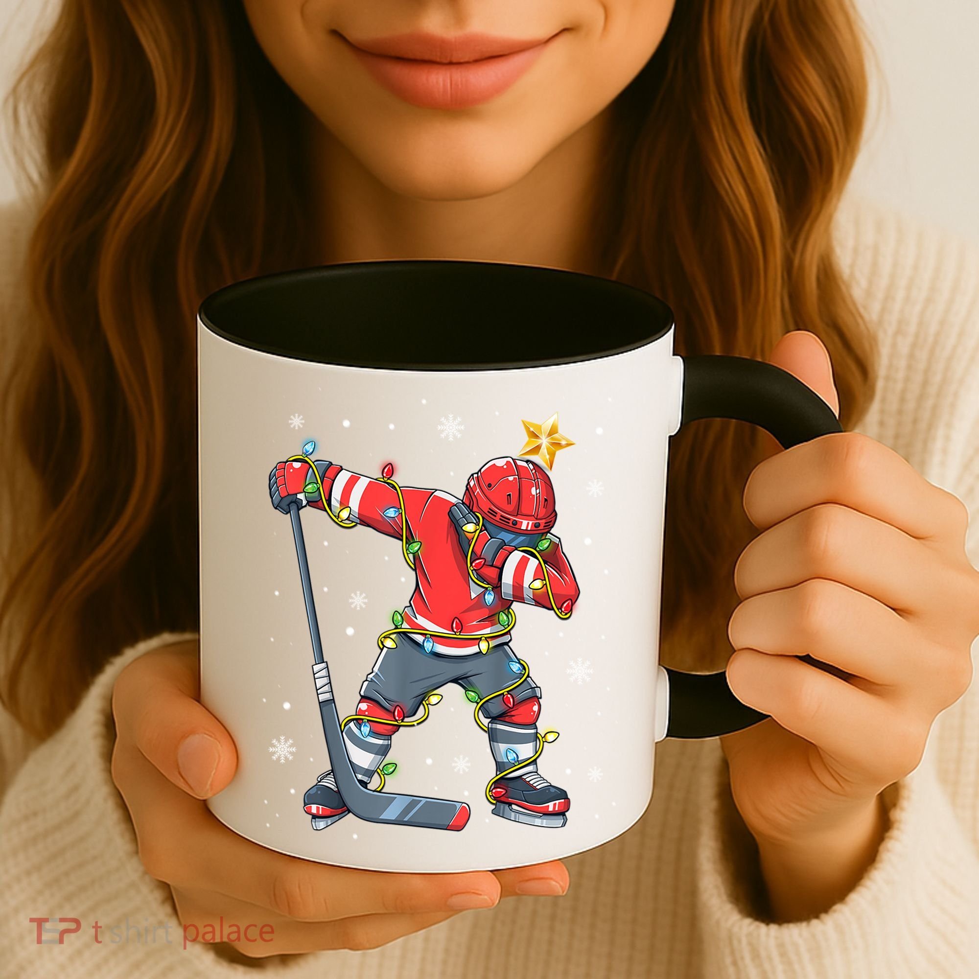 Hockey Player Santa Hat Christmas Lights Funny Xmas Cute Gift Coffee Mug
