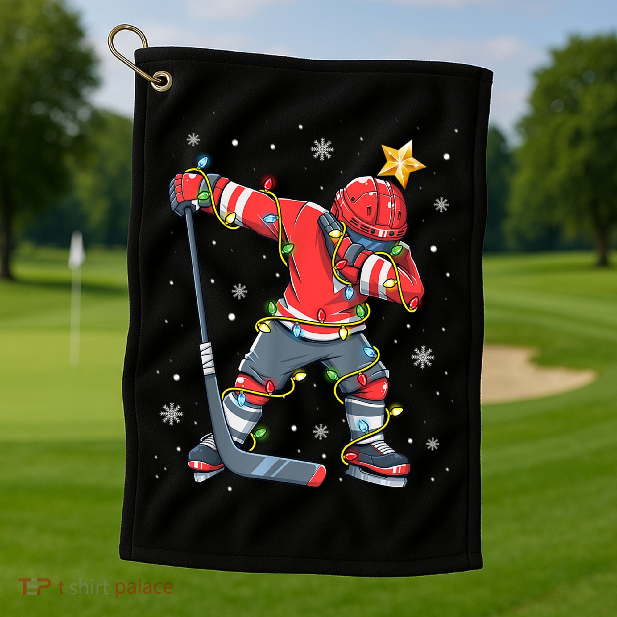 Hockey Player Santa Hat Christmas Lights Funny Xmas Cute Gift Golf Towel