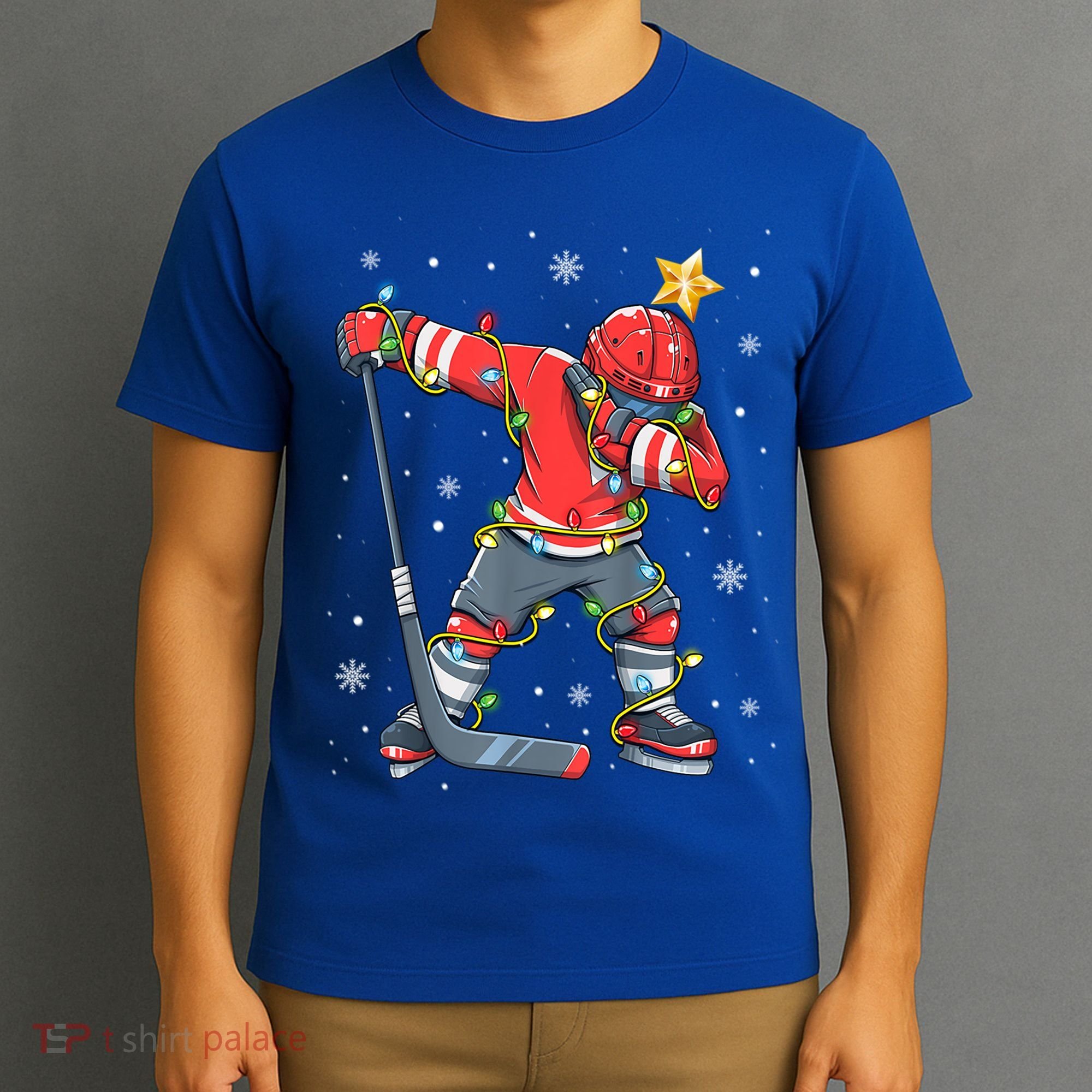 Hockey Player Santa Hat Christmas Lights Funny Xmas Cute Gift T-Shirt