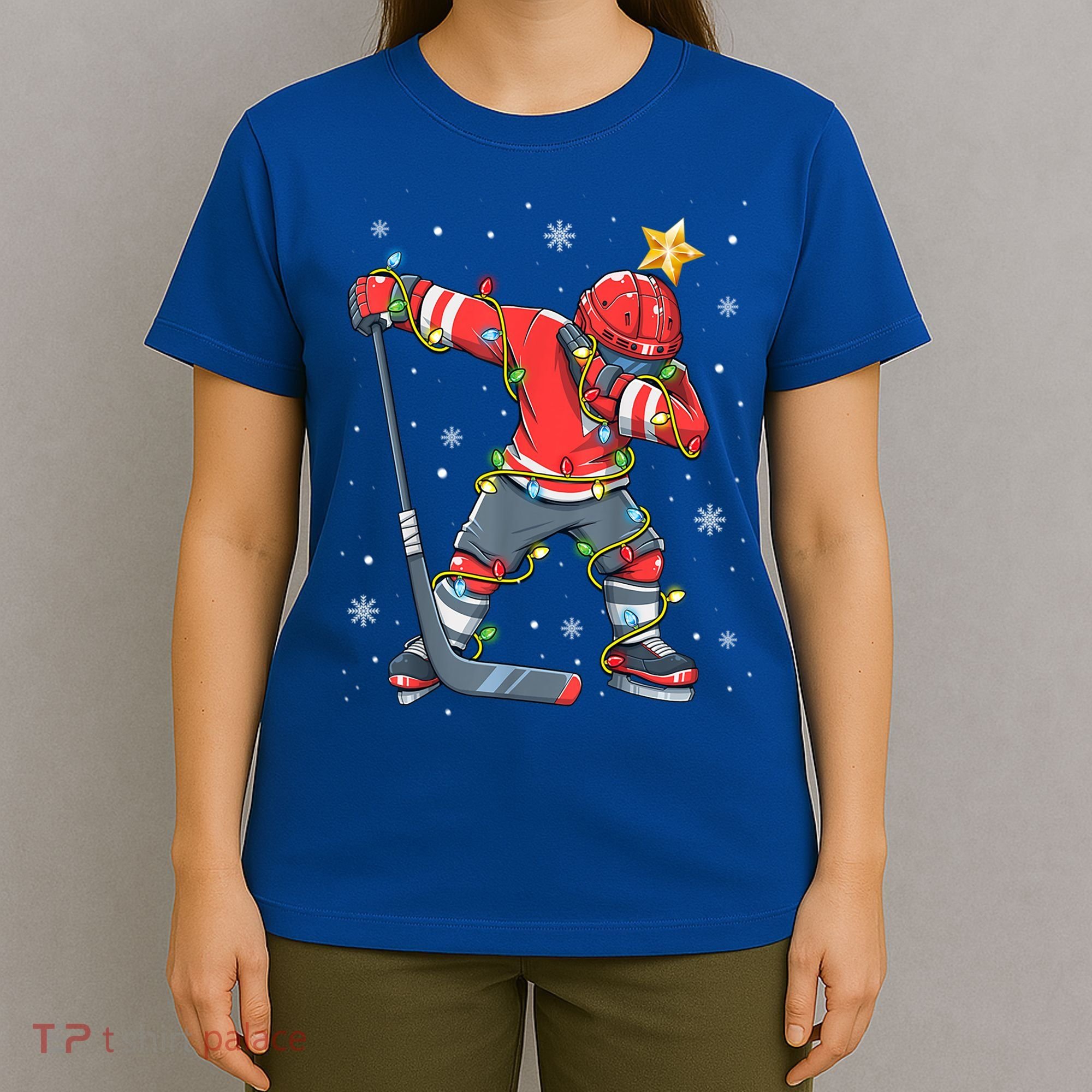 Hockey Player Santa Hat Christmas Lights Funny Xmas Cute Gift T-Shirt