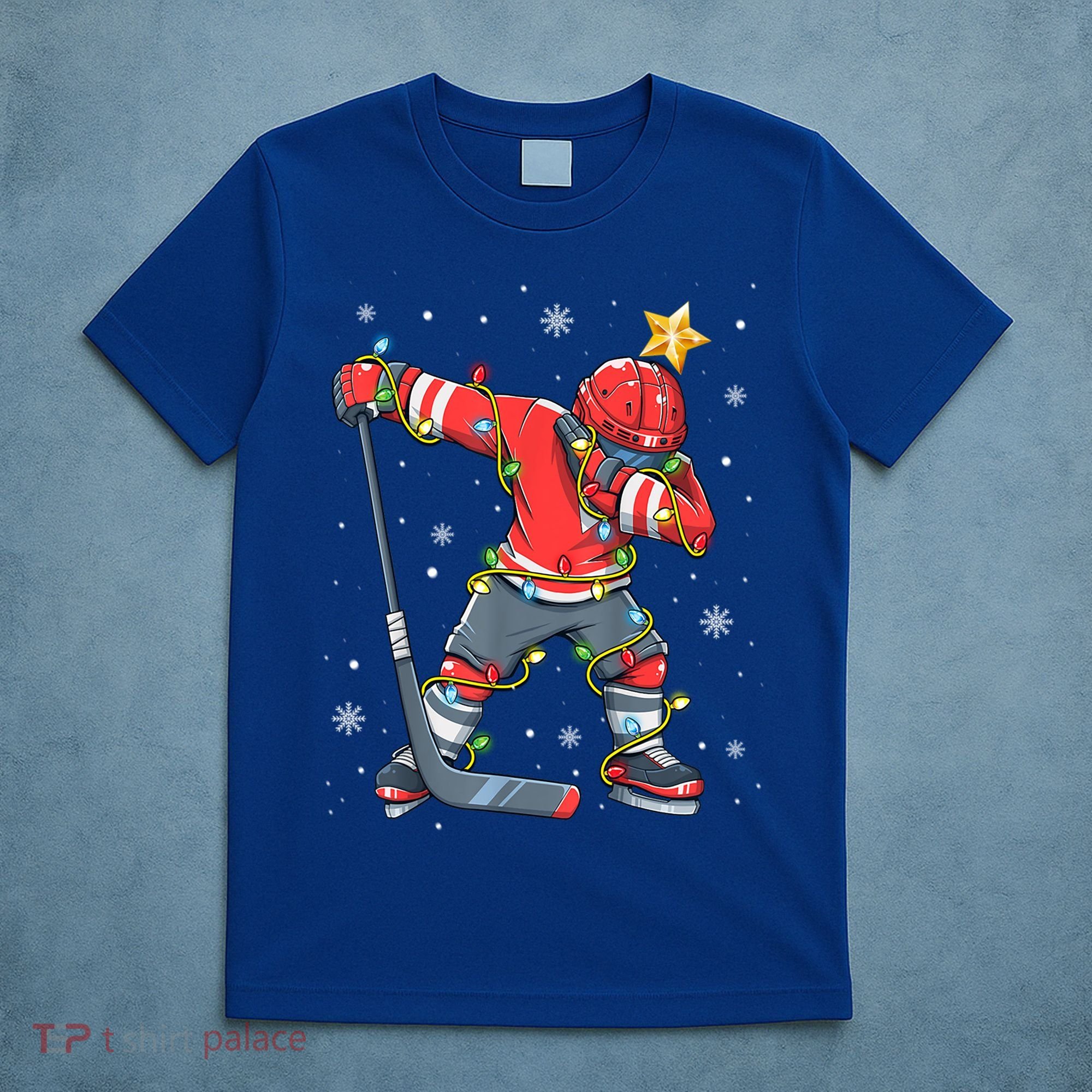 Hockey Player Santa Hat Christmas Lights Funny Xmas Cute Gift T-Shirt