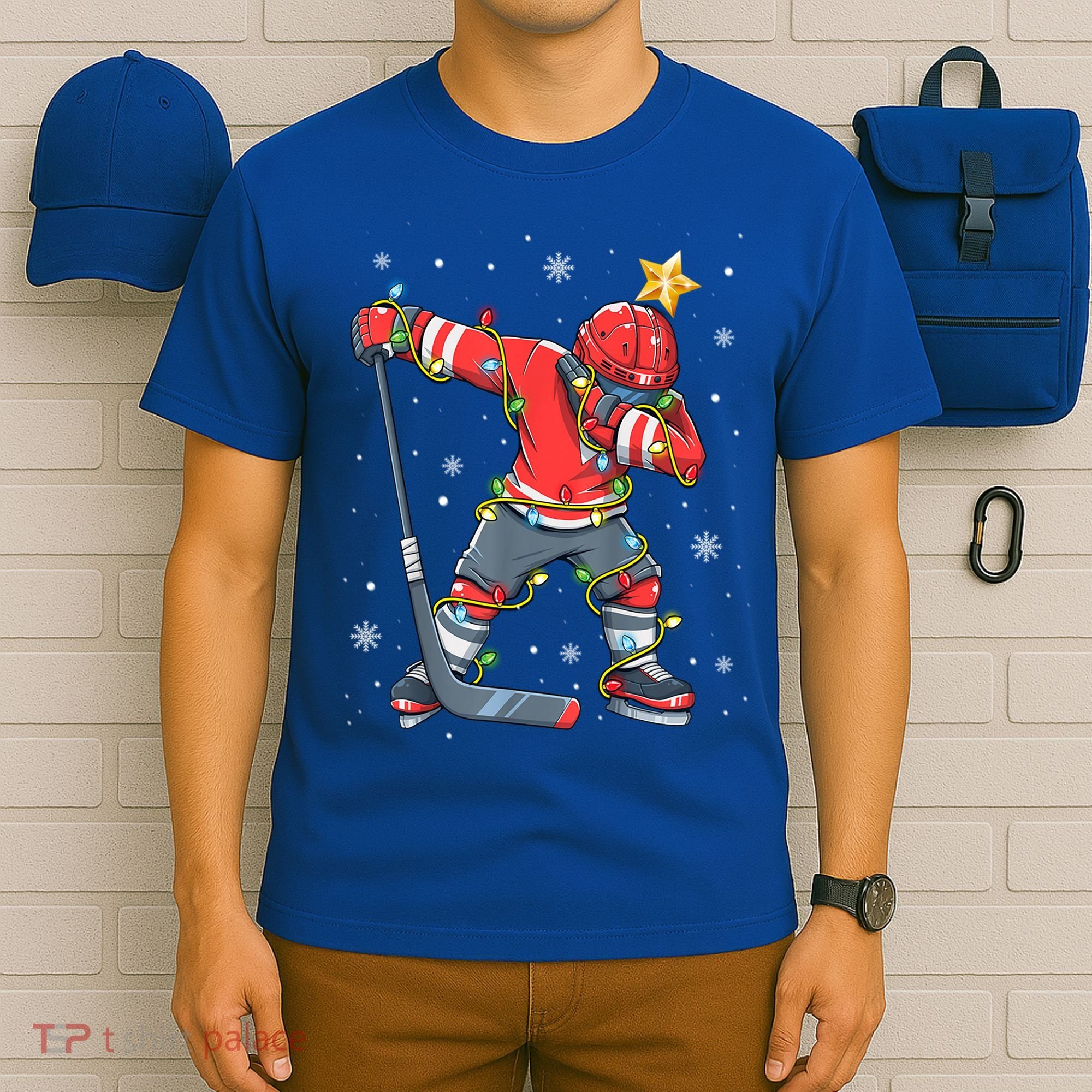 Hockey Player Santa Hat Christmas Lights Funny Xmas Cute Gift T-Shirt