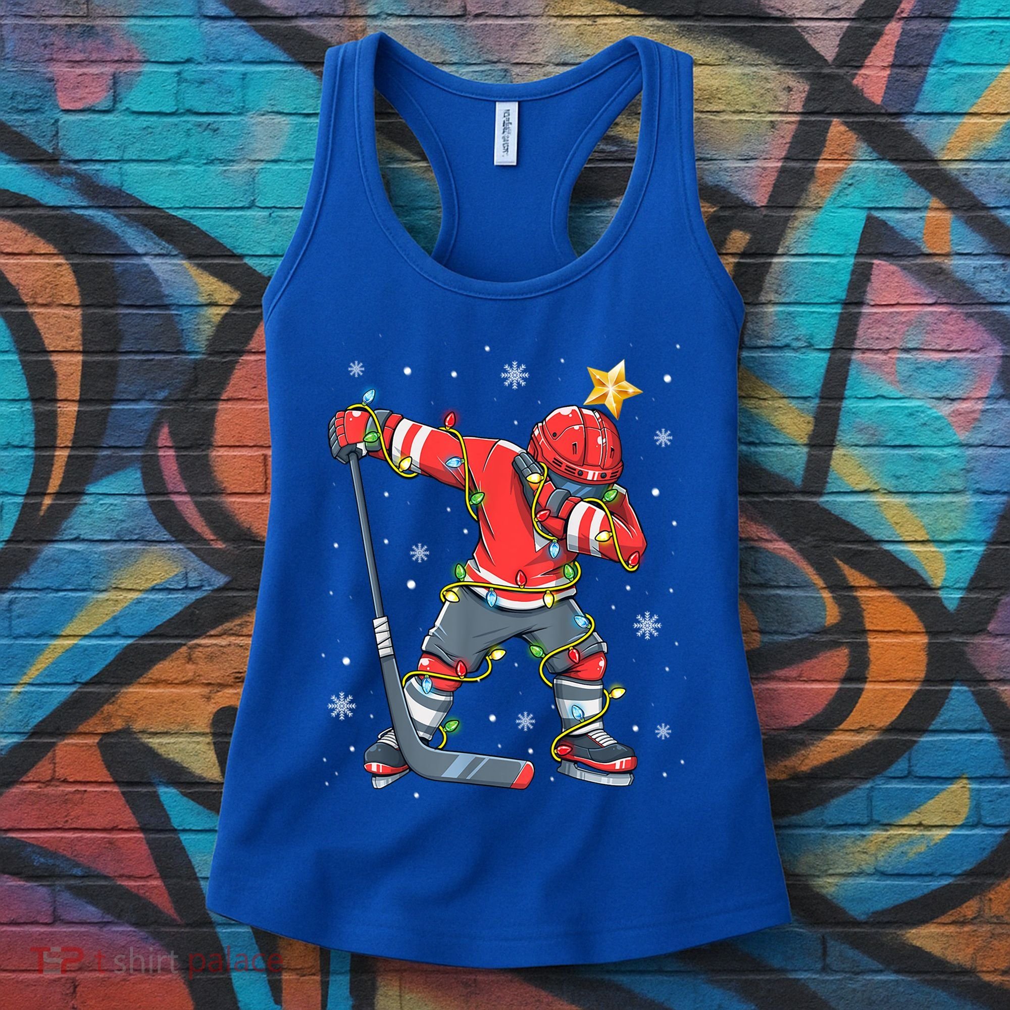 Hockey Player Santa Hat Christmas Lights Funny Xmas Cute Gift Women's Tank Top