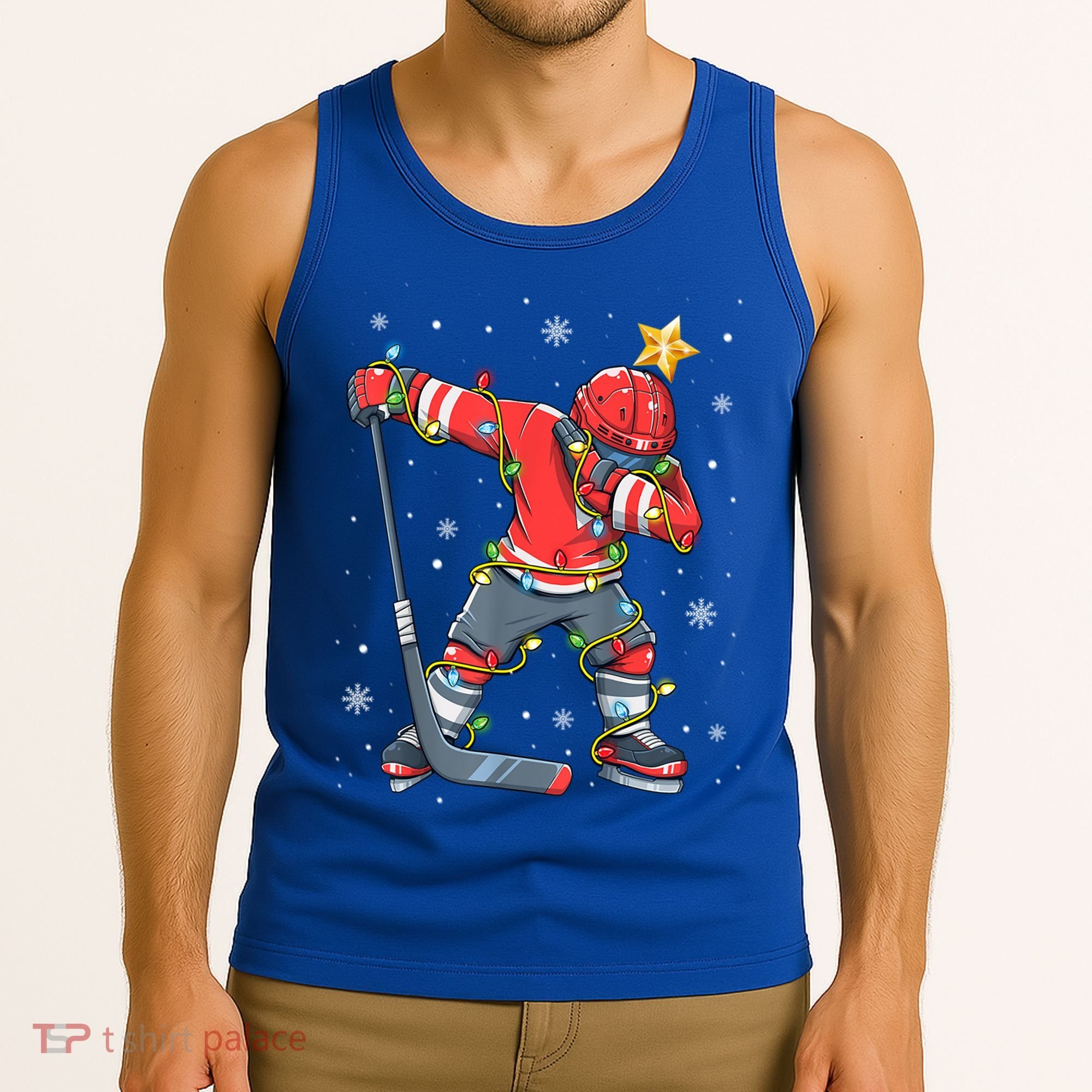 Hockey Player Santa Hat Christmas Lights Funny Xmas Cute Gift Tank Top
