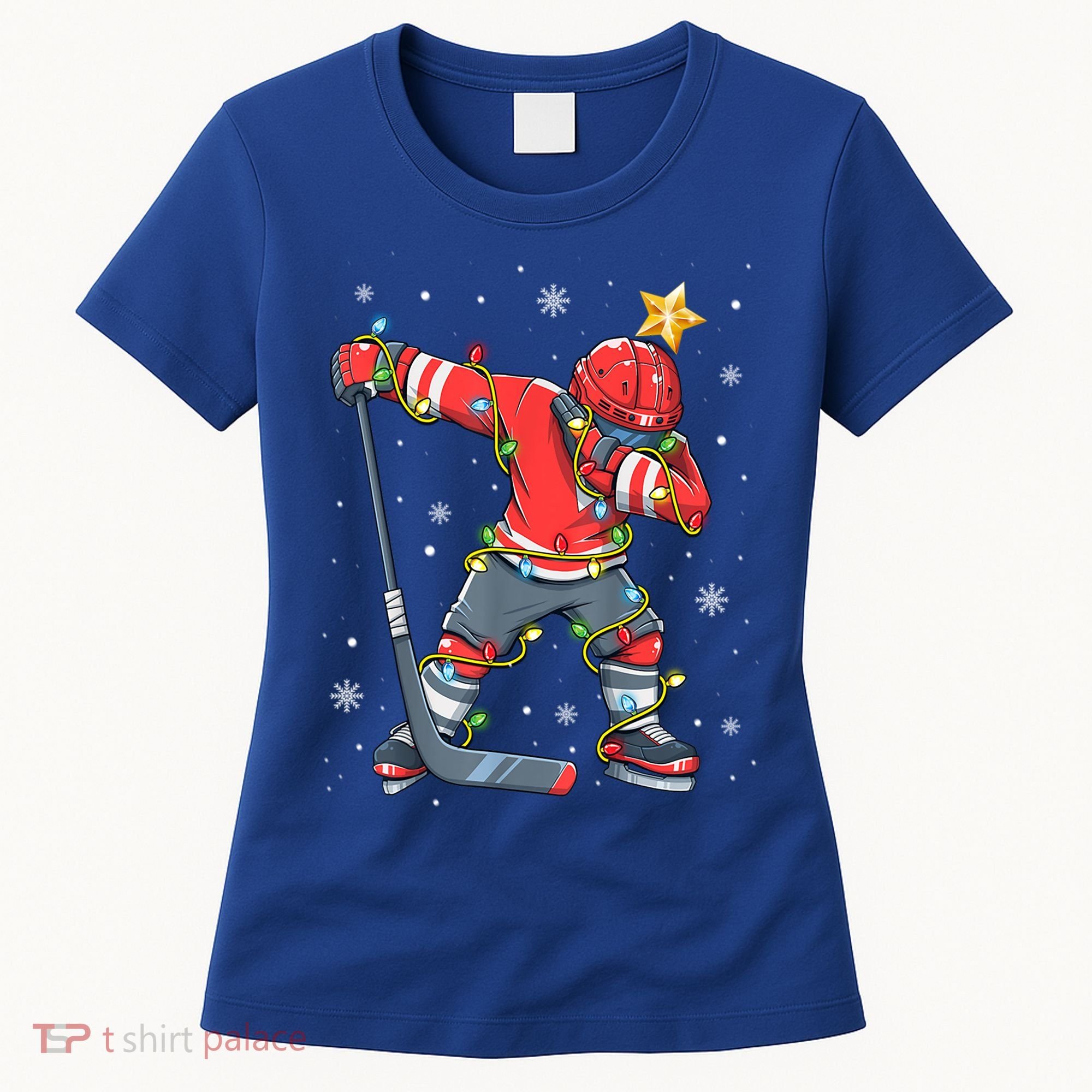 Hockey Player Santa Hat Christmas Lights Funny Xmas Cute Gift Women's T-Shirt