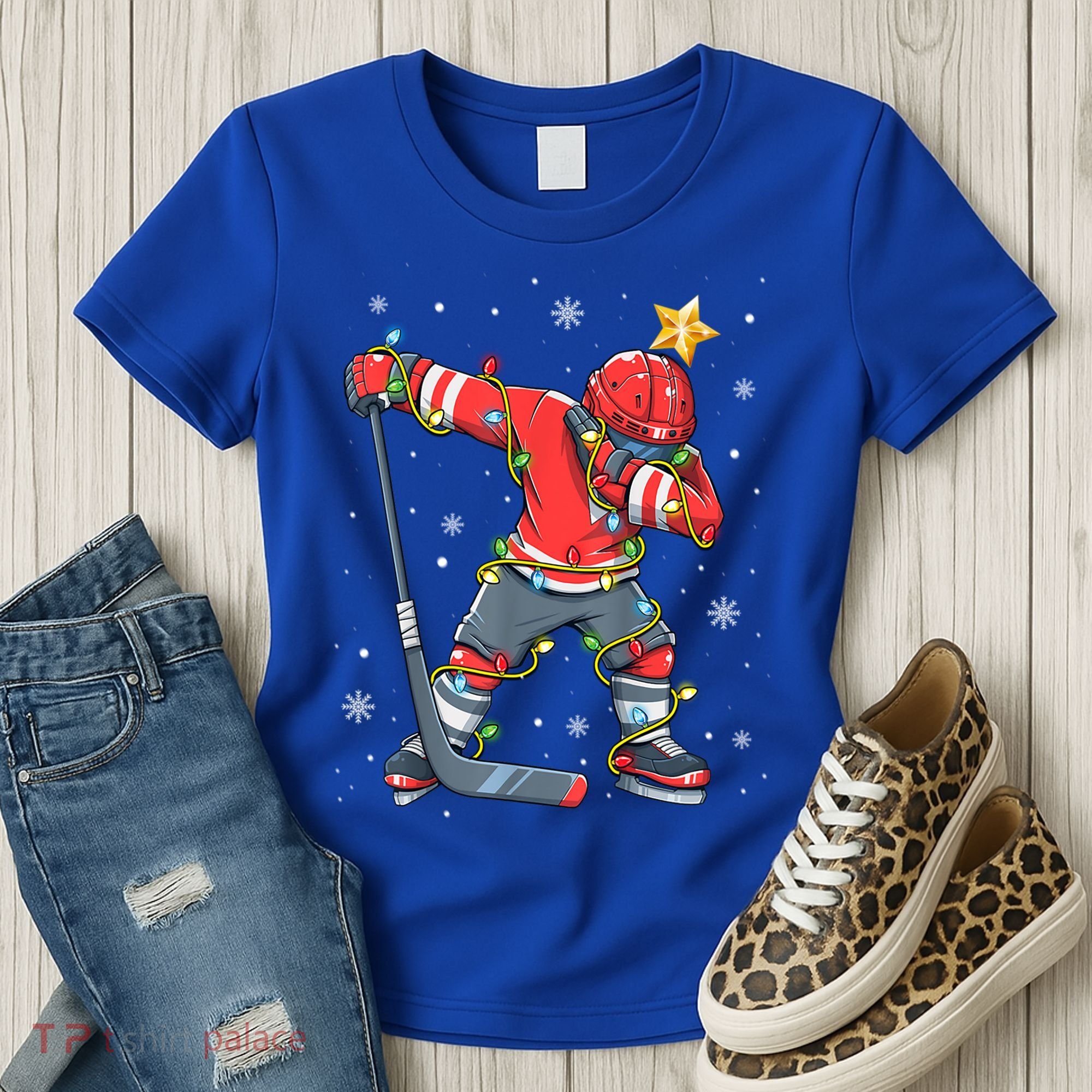 Hockey Player Santa Hat Christmas Lights Funny Xmas Cute Gift Women's T-Shirt