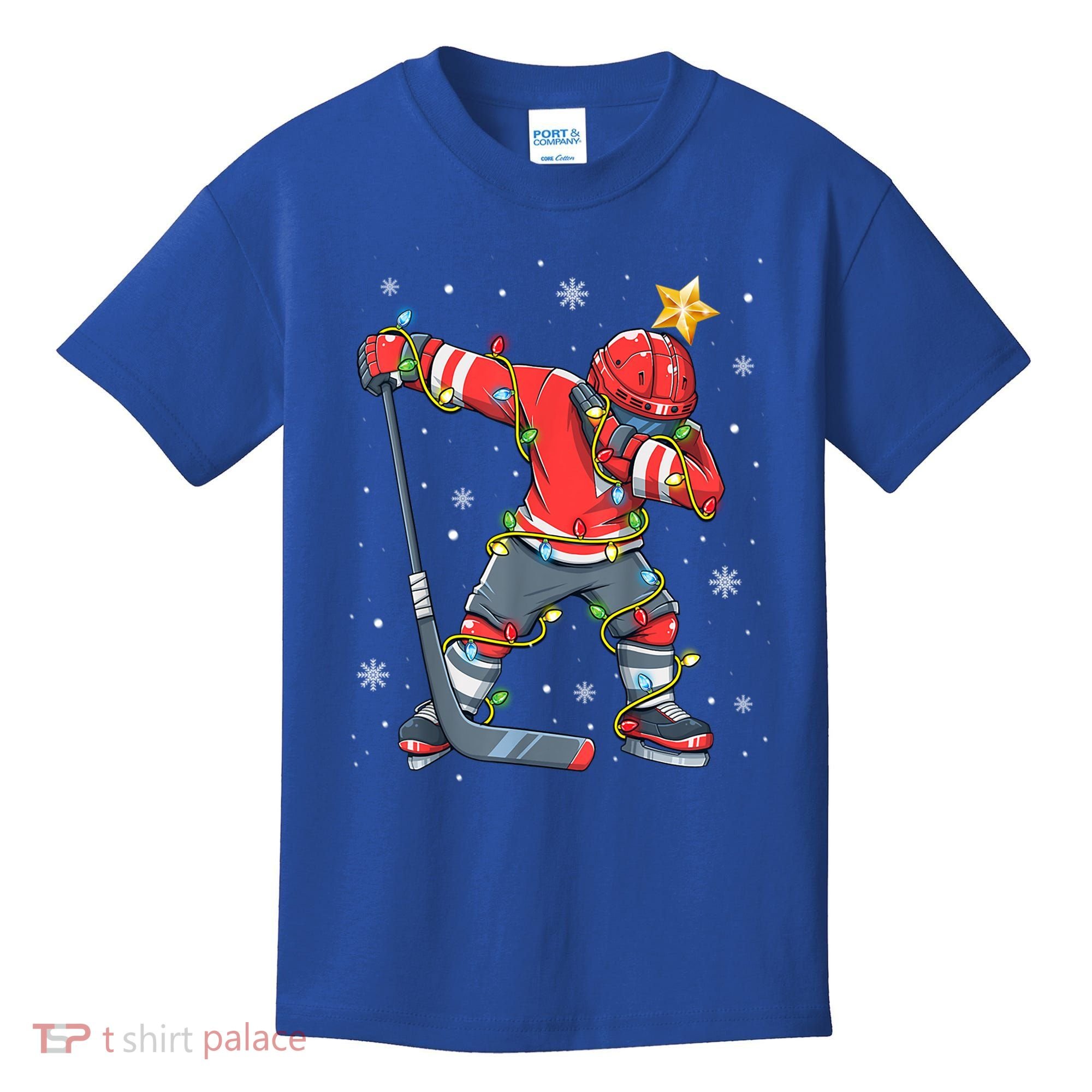 Hockey Player Santa Hat Christmas Lights Funny Xmas Cute Gift Kids T-Shirt