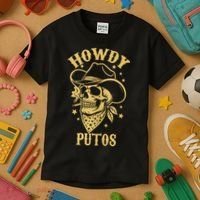 Howdy Putos Shirt Funny Skull Cowboy Spanish Men Women Kids T-Shirt thumb 3