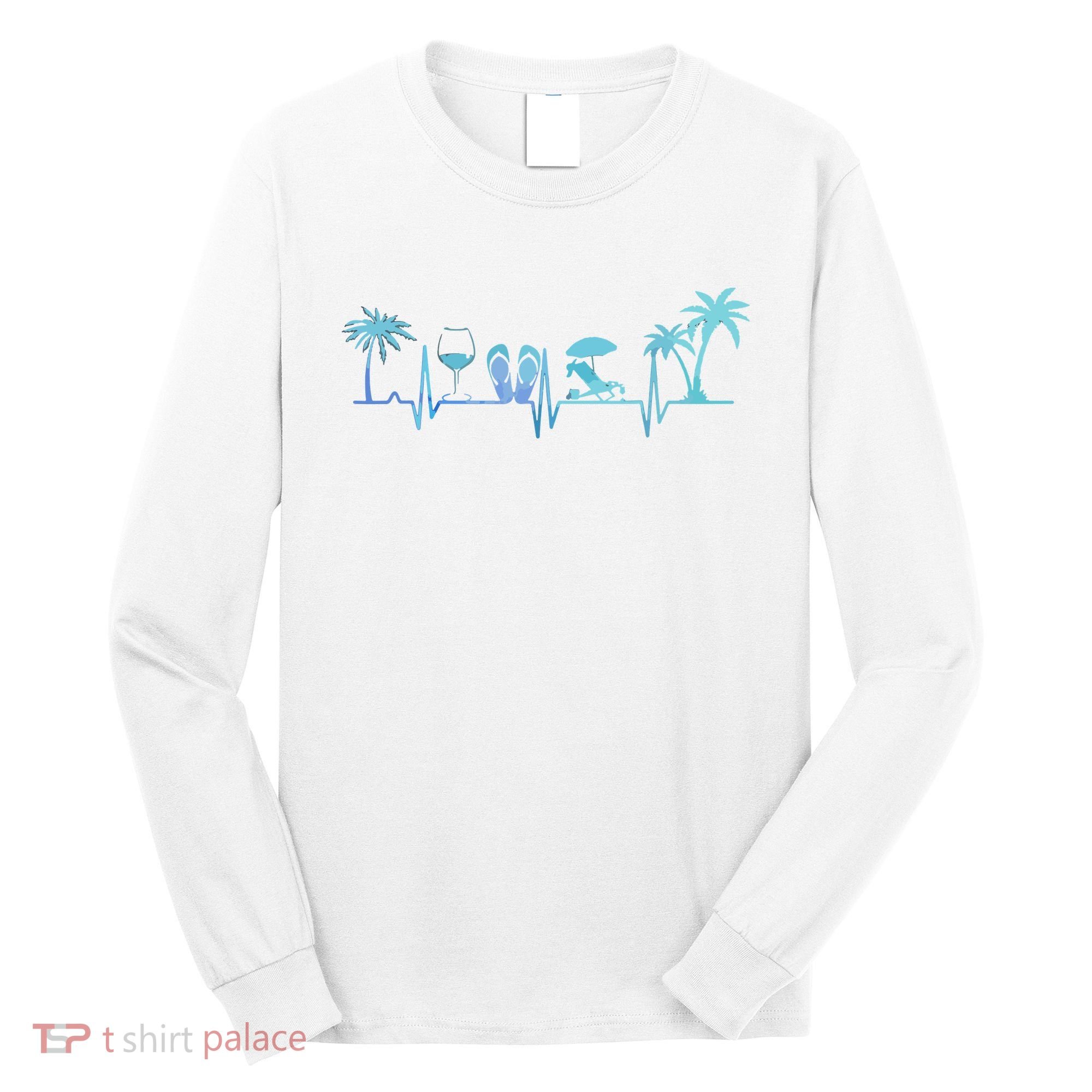 Heartbeat Palm Tree Wine Glass Flipp Flop Summer Lover Long Sleeve Shirt