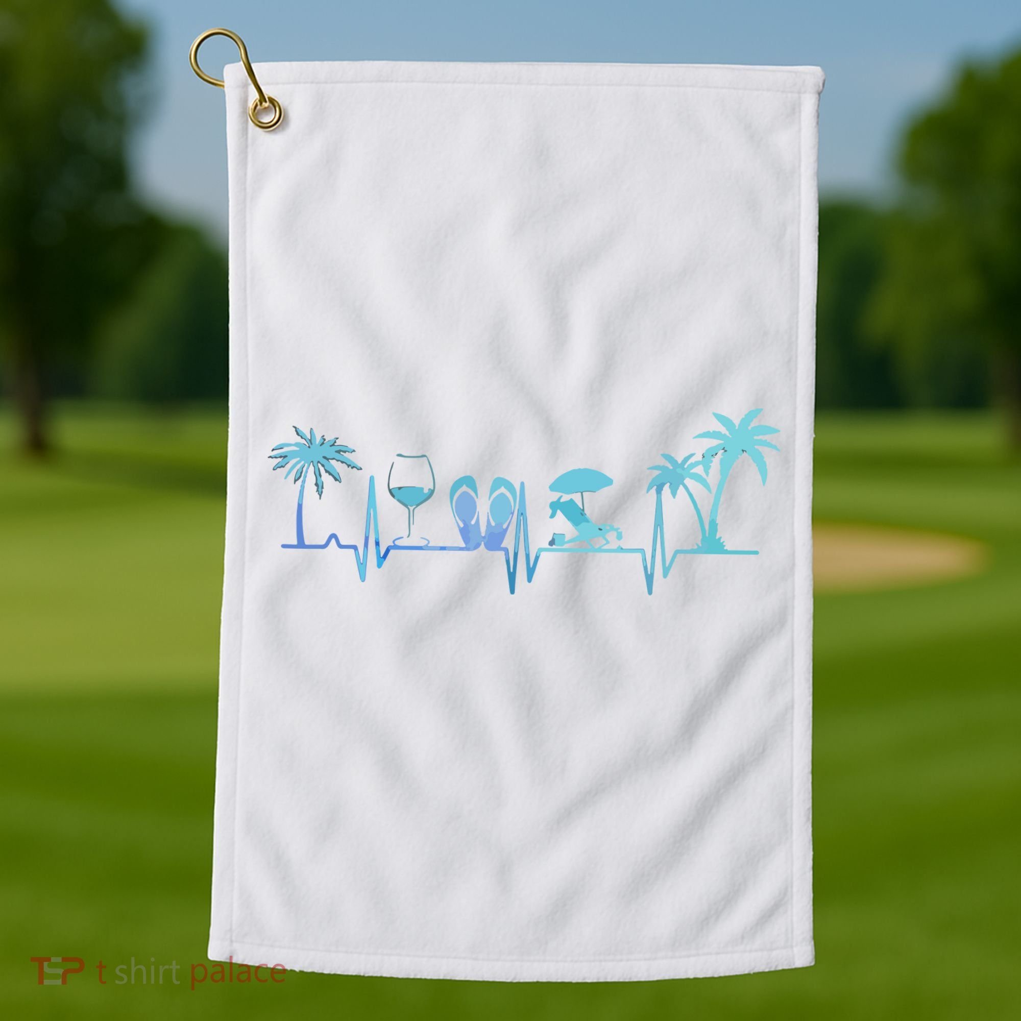 Heartbeat Palm Tree Wine Glass Flipp Flop Summer Lover Golf Towel