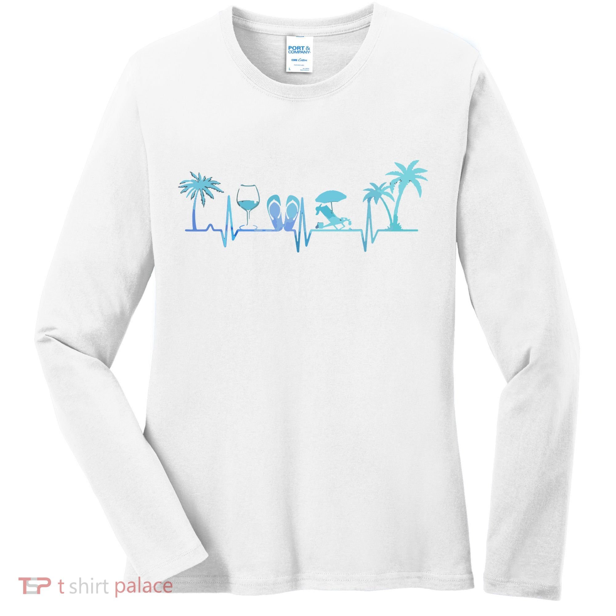 Heartbeat Palm Tree Wine Glass Flipp Flop Summer Lover Women's Long Sleeve Shirt