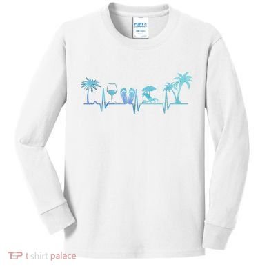 Heartbeat Palm Tree Wine Glass Flipp Flop Summer Lover Kids Long Sleeve Shirt