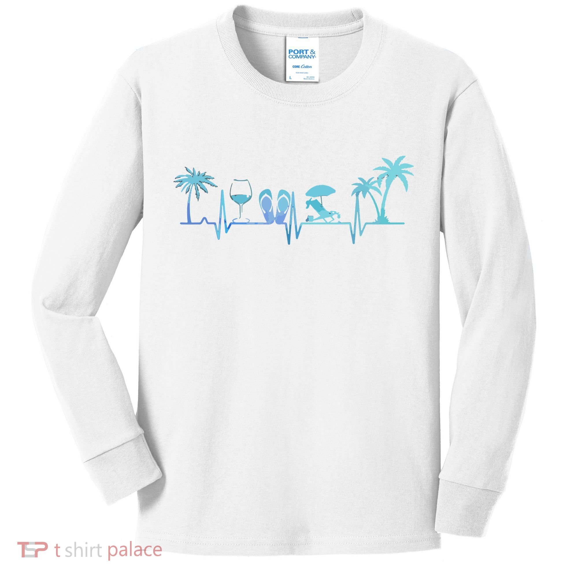 Heartbeat Palm Tree Wine Glass Flipp Flop Summer Lover Kids Long Sleeve Shirt