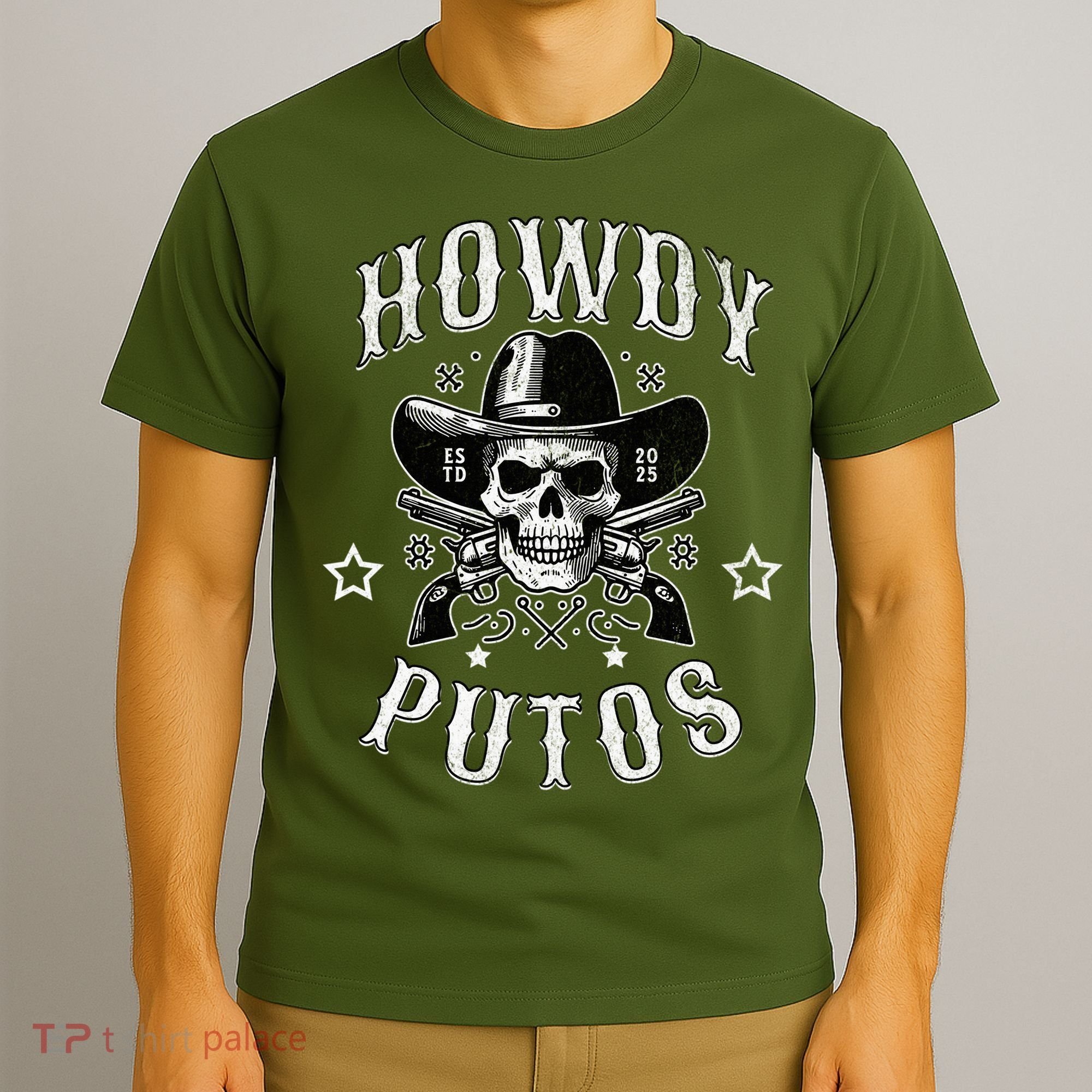 Howdy Putos Vintage Western Cowboy Skull T-Shirt