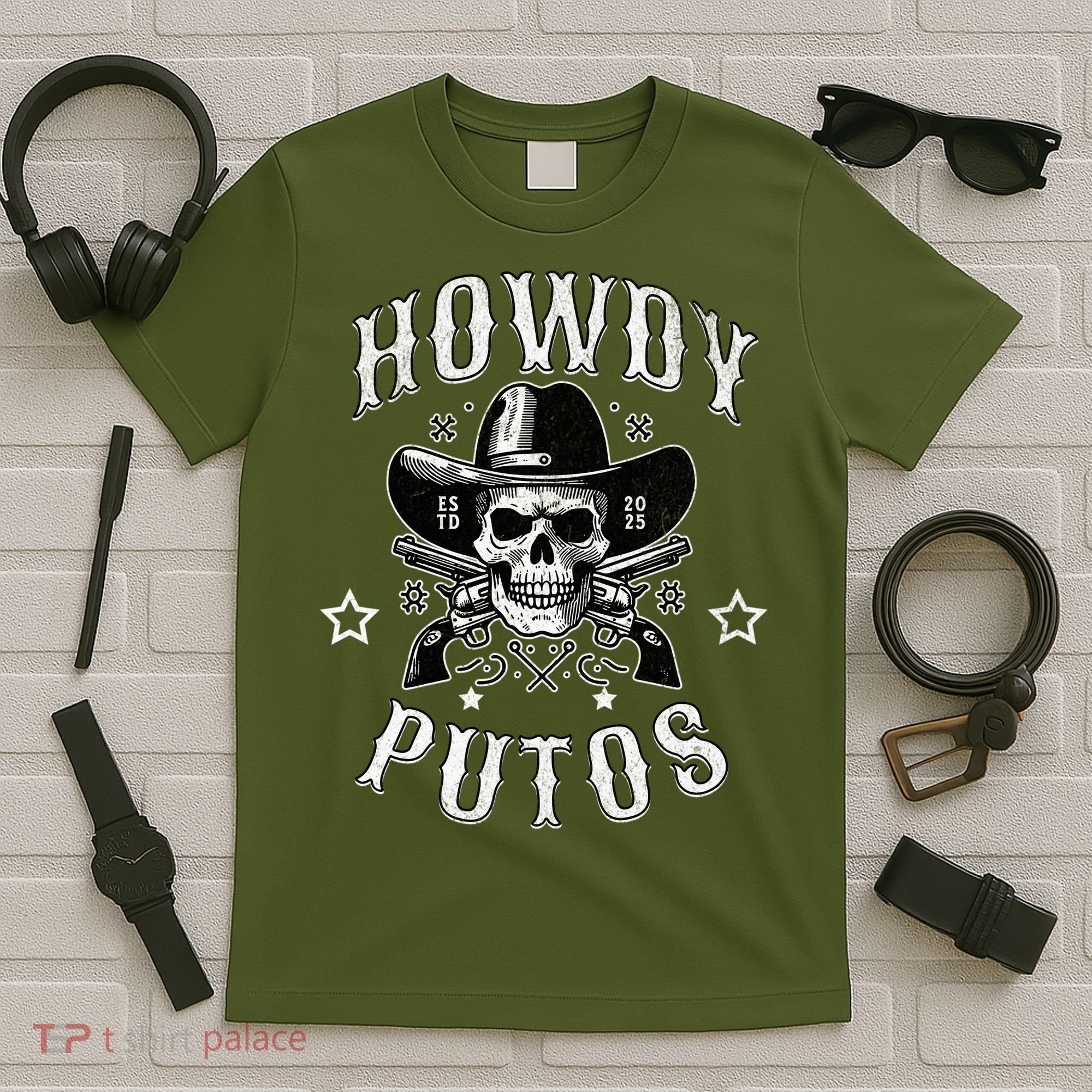 Howdy Putos Vintage Western Cowboy Skull T-Shirt