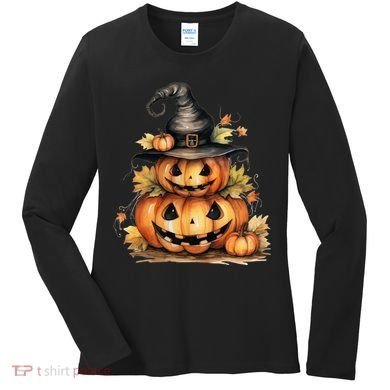 Halloween Pumpkin Witch Fall Autumn Illustration Women's Long Sleeve Shirt