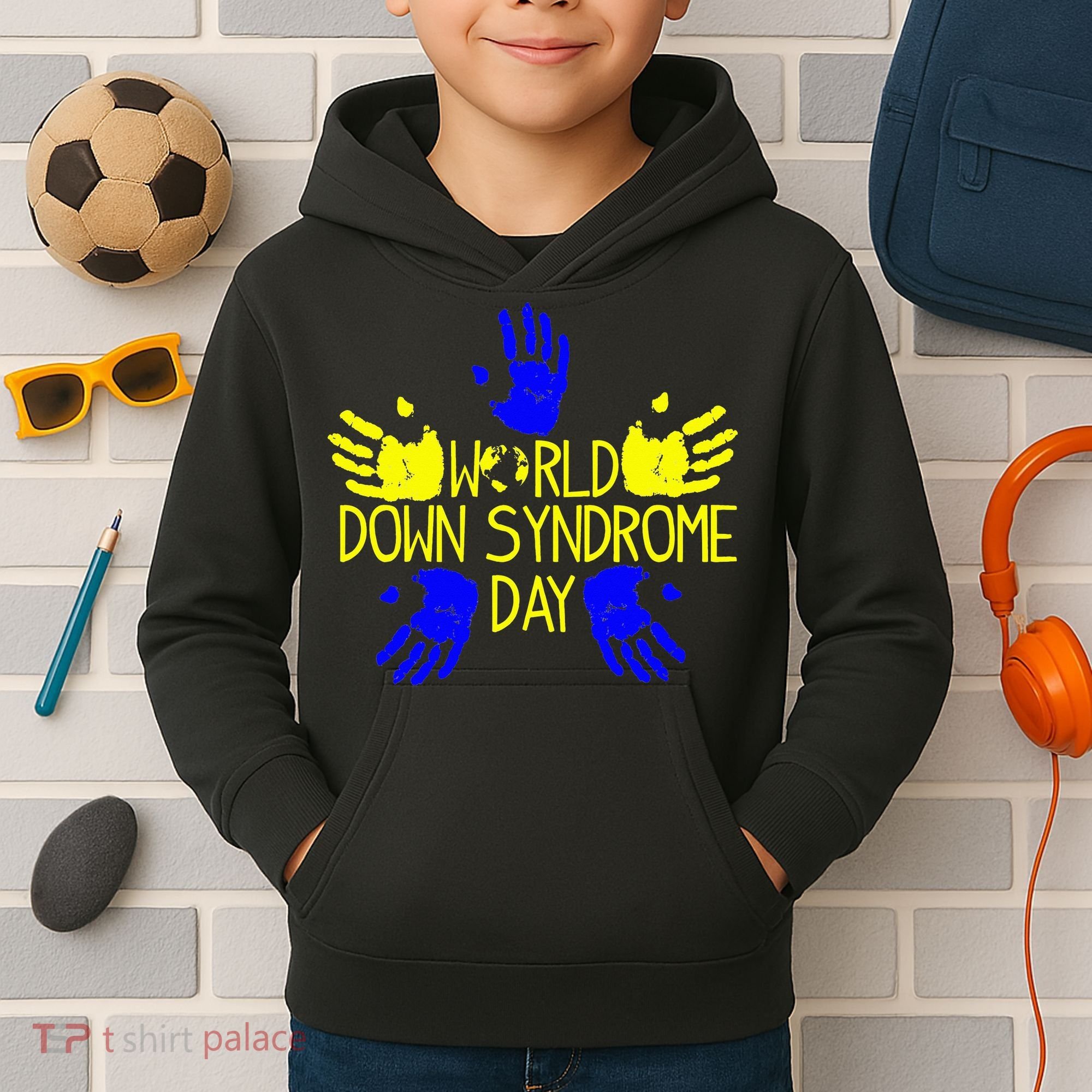 Hand Print World Down Syndrome Day funny cancer Kids Hoodie