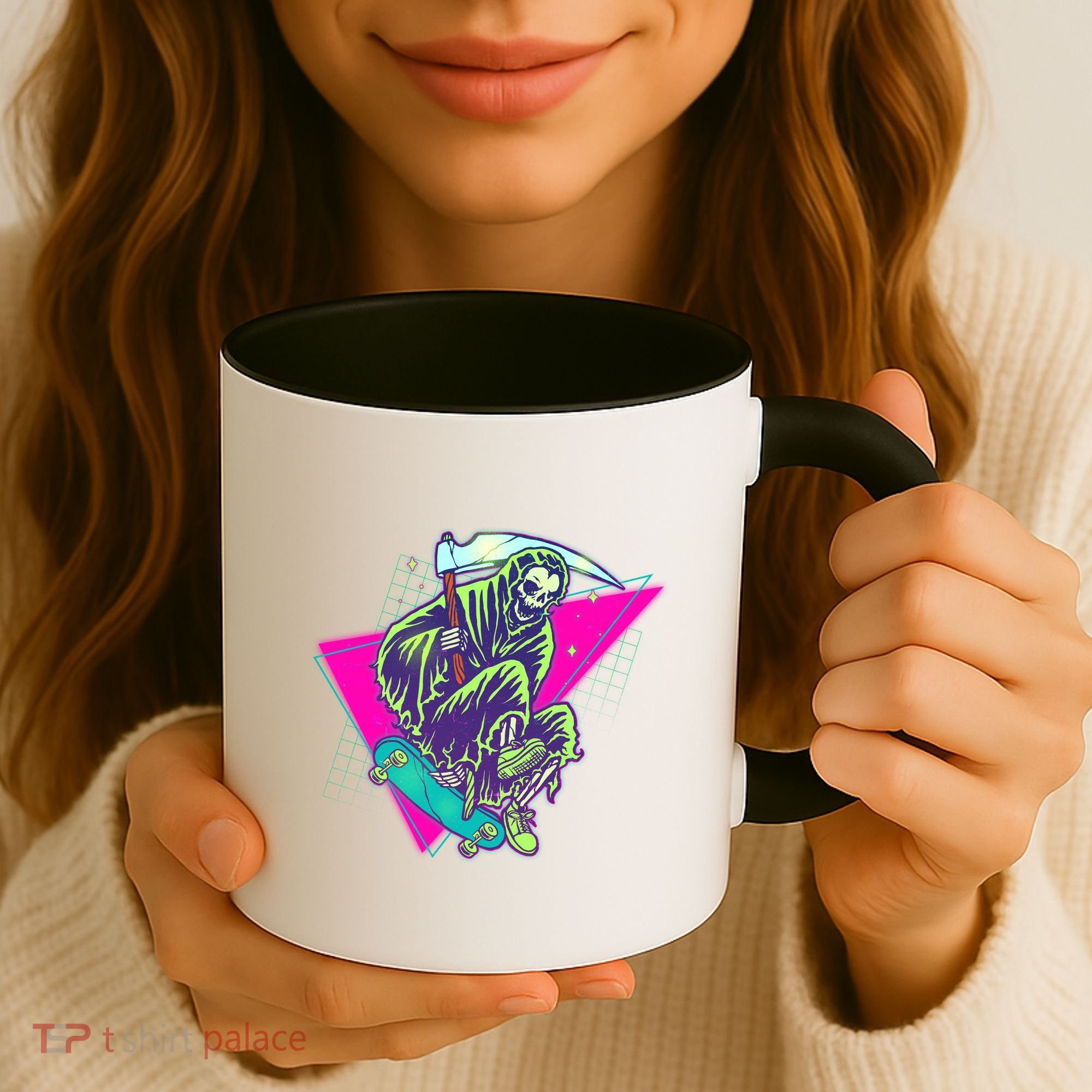 Halloween Retro 80's Skateboarding Grim Reaper Coffee Mug